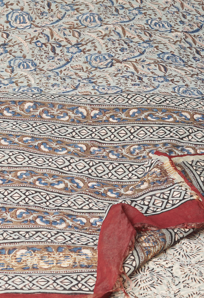 Blue Pure Discharge Bagru Printed Pashmina Chanderi Sico Saree