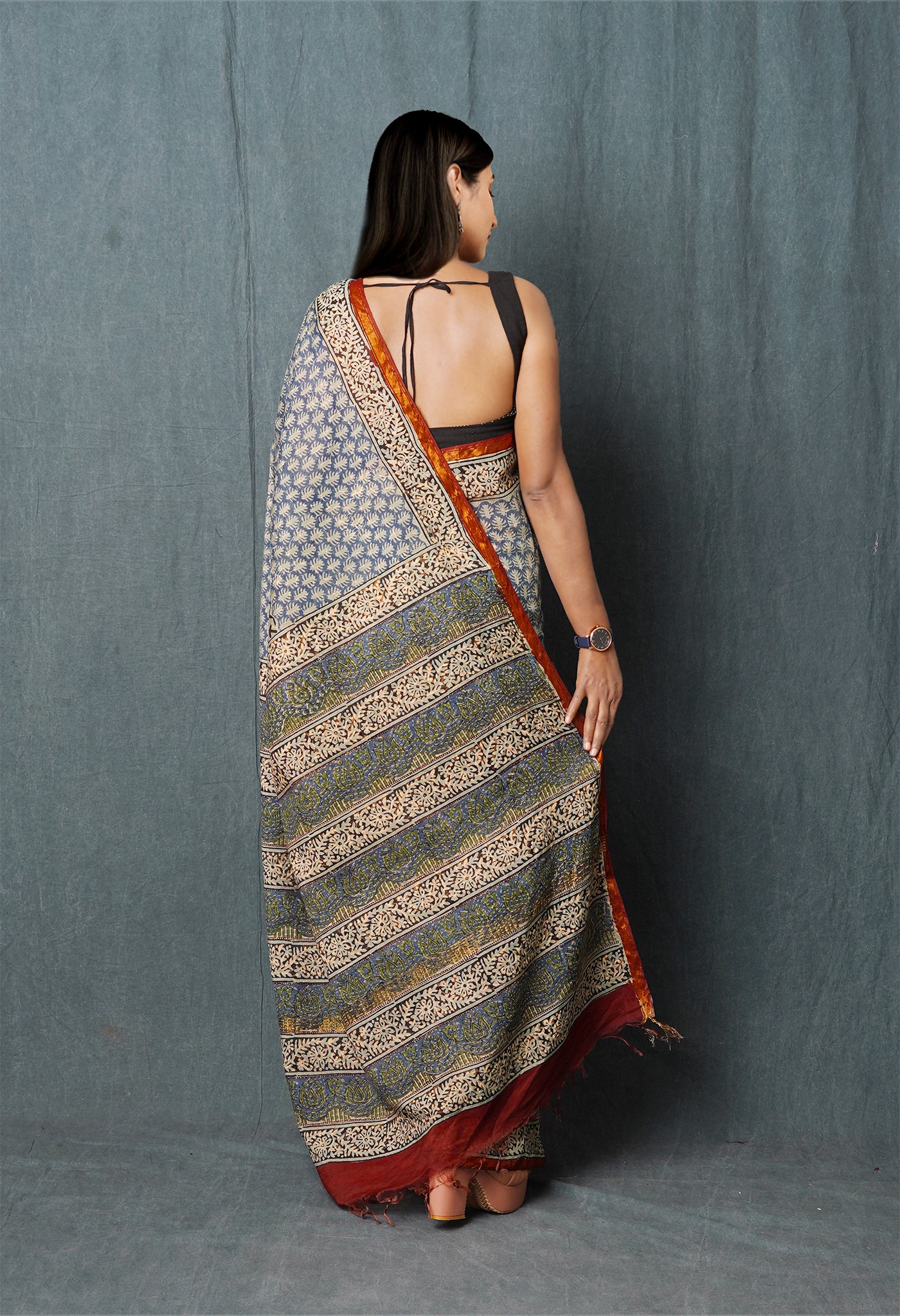 Blue Pure Discharge Bagru Printed Pashmina Chanderi Sico Saree