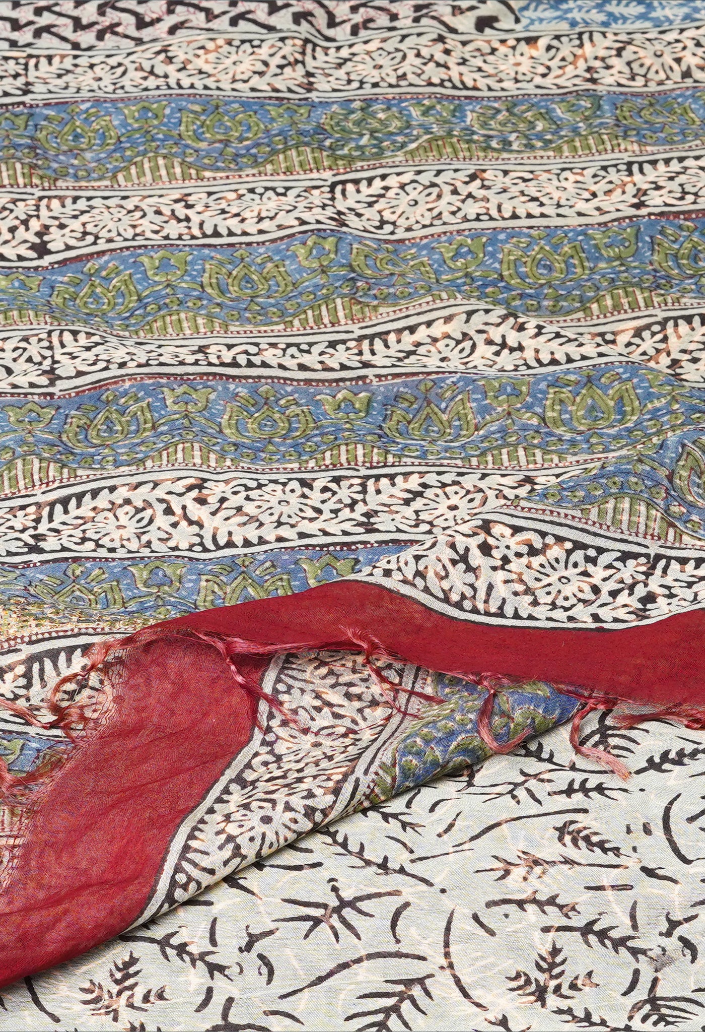 Blue Pure Discharge Bagru Printed Pashmina Chanderi Sico Saree