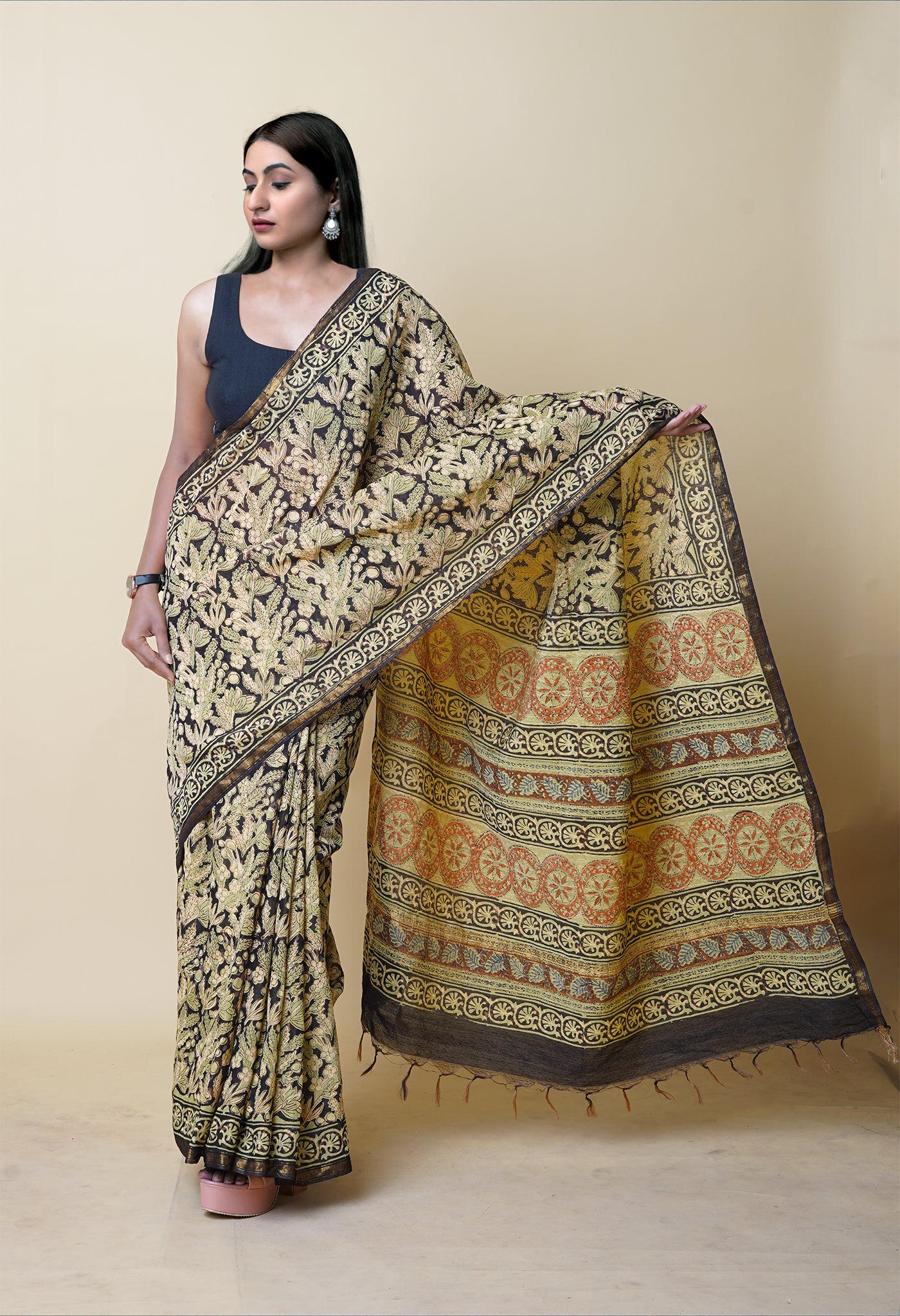 Black Pure Discharge Bagru Printed Pashmina Chanderi Sico Saree