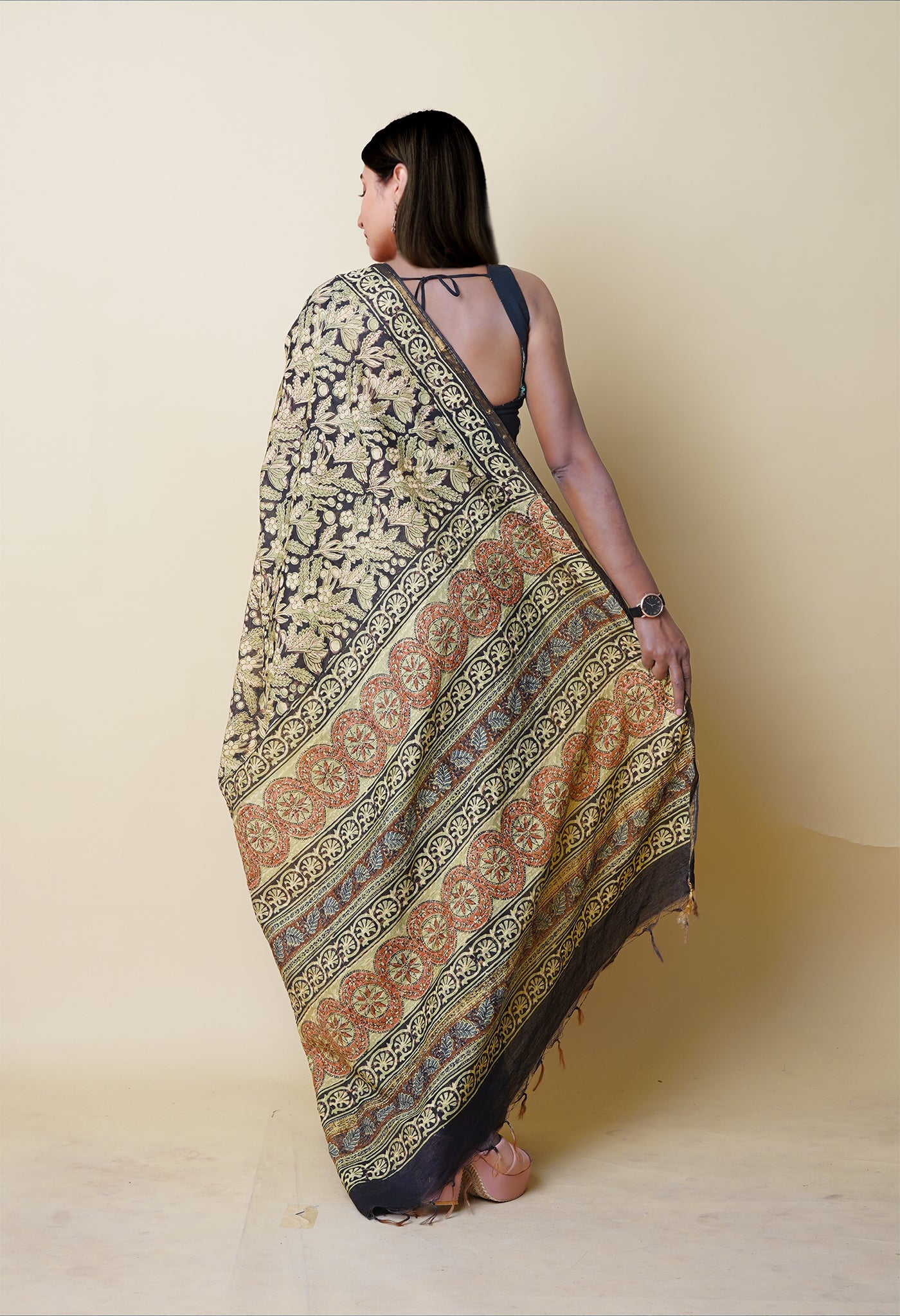 Black Pure Discharge Bagru Printed Pashmina Chanderi Sico Saree