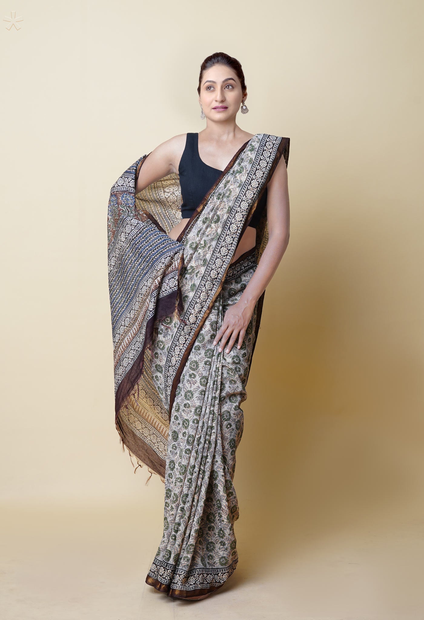 Blue Pure Discharge Bagru Printed Pashmina Chanderi Sico Saree
