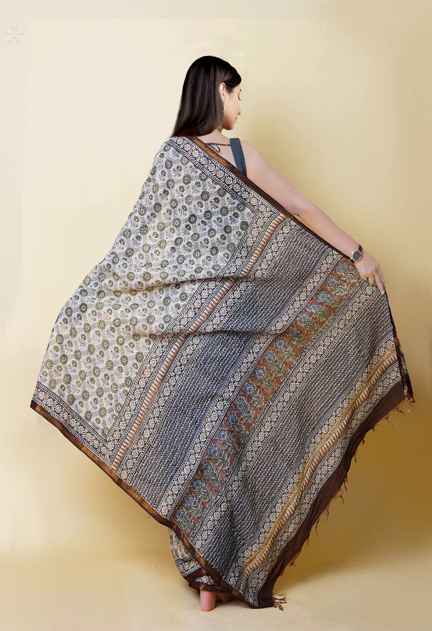 Blue Pure Discharge Bagru Printed Pashmina Chanderi Sico Saree
