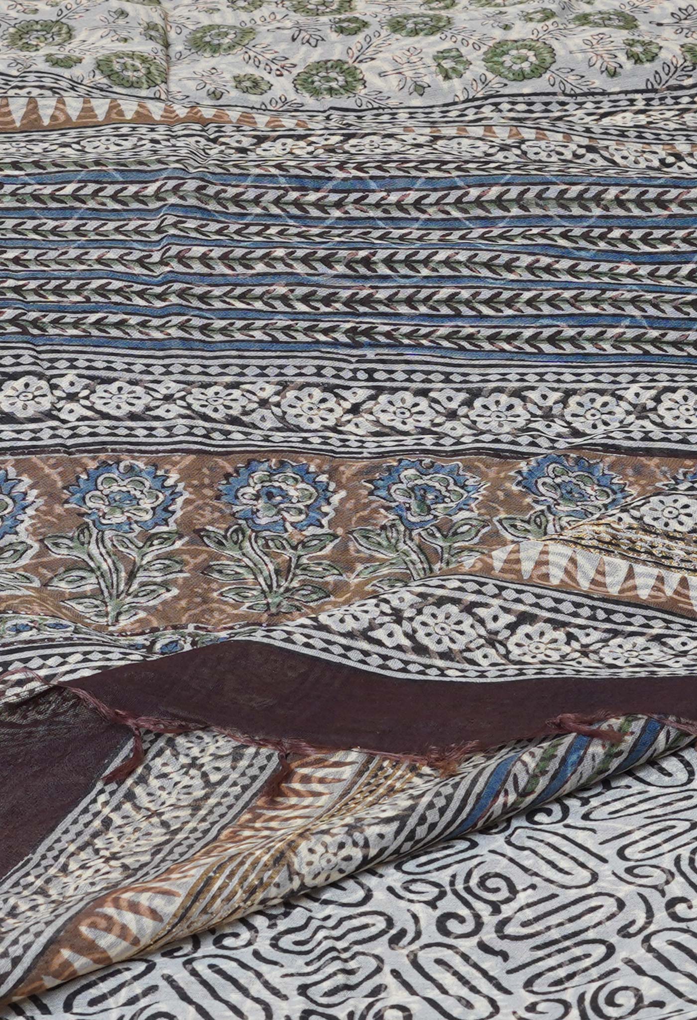 Blue Pure Discharge Bagru Printed Pashmina Chanderi Sico Saree