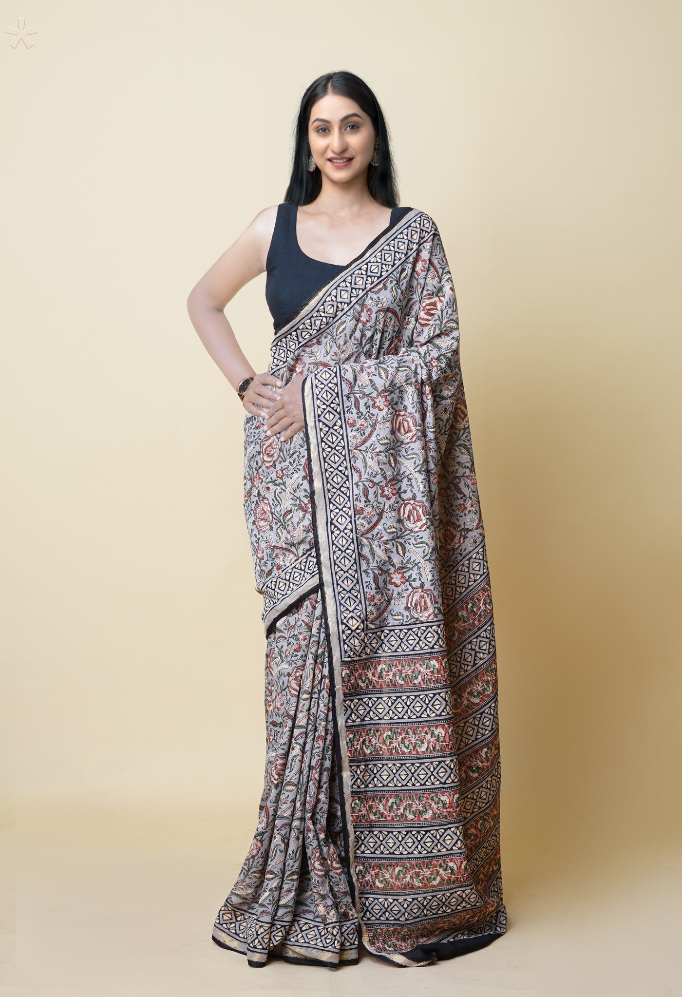 Grey Pure Discharge Bagru Printed Pashmina Chanderi Sico Saree