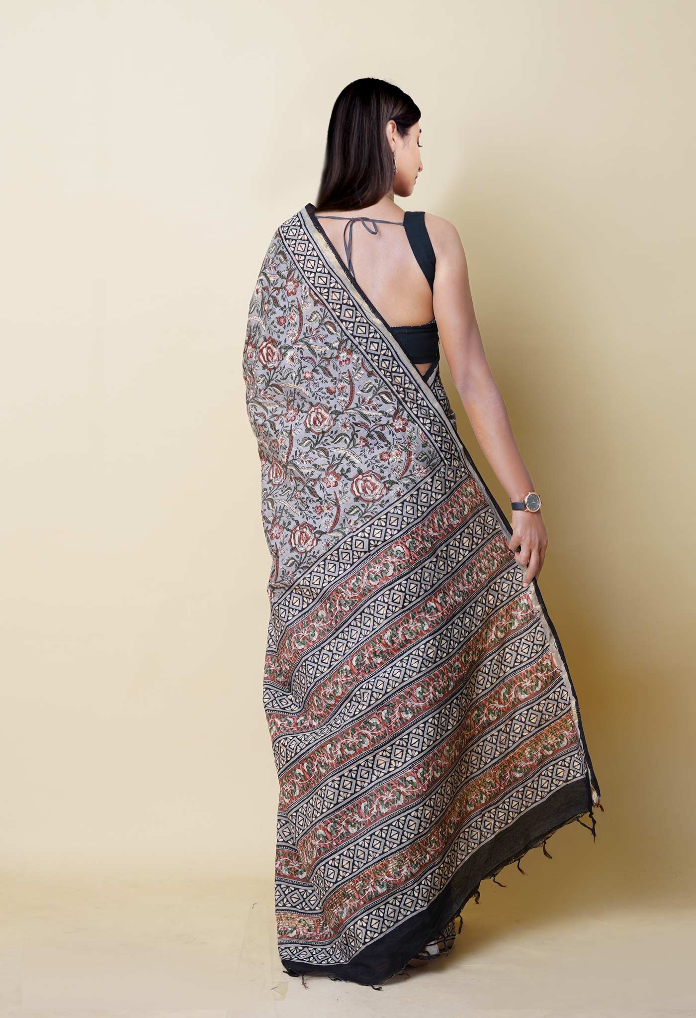 Grey Pure Discharge Bagru Printed Pashmina Chanderi Sico Saree