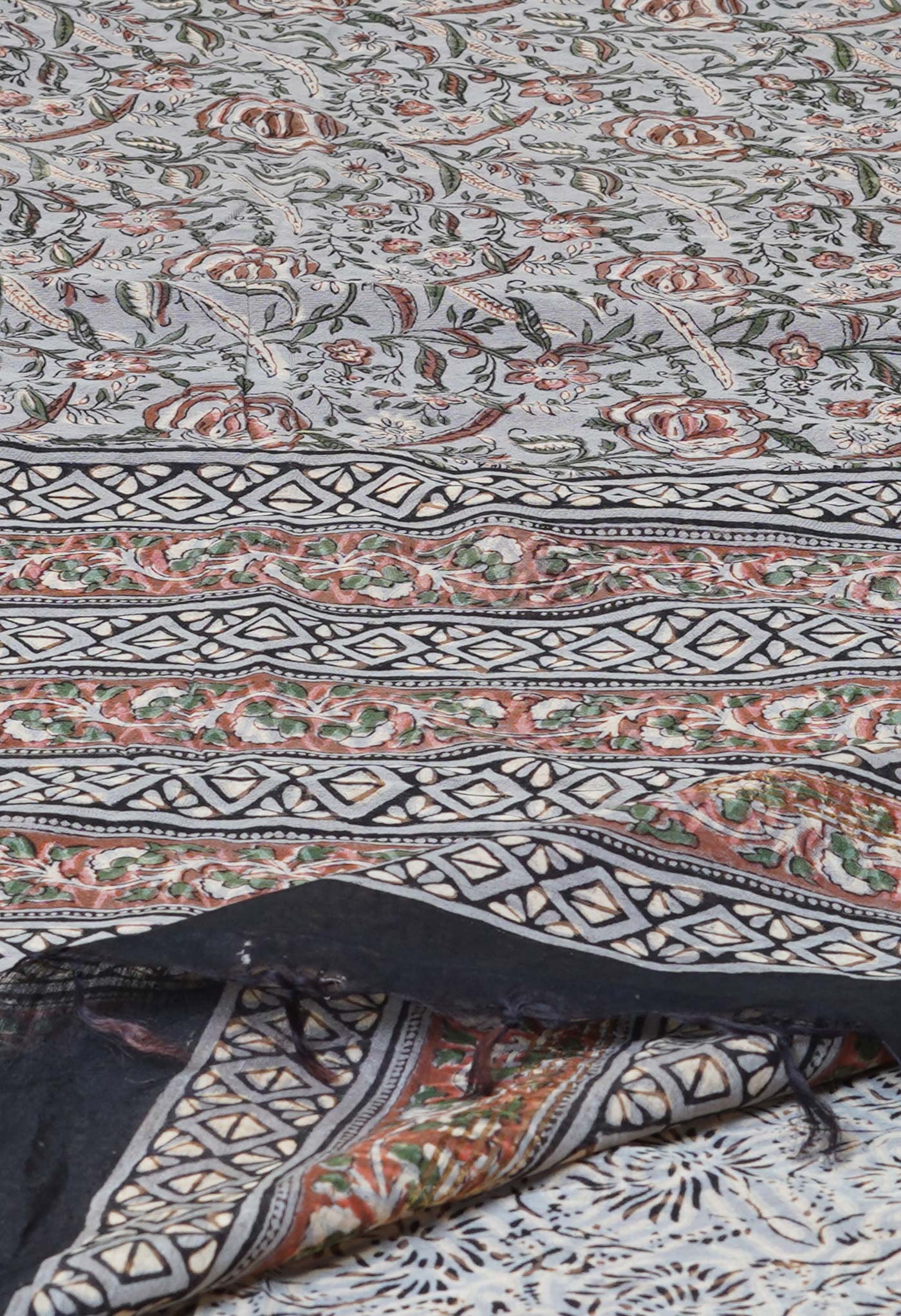 Grey Pure Discharge Bagru Printed Pashmina Chanderi Sico Saree