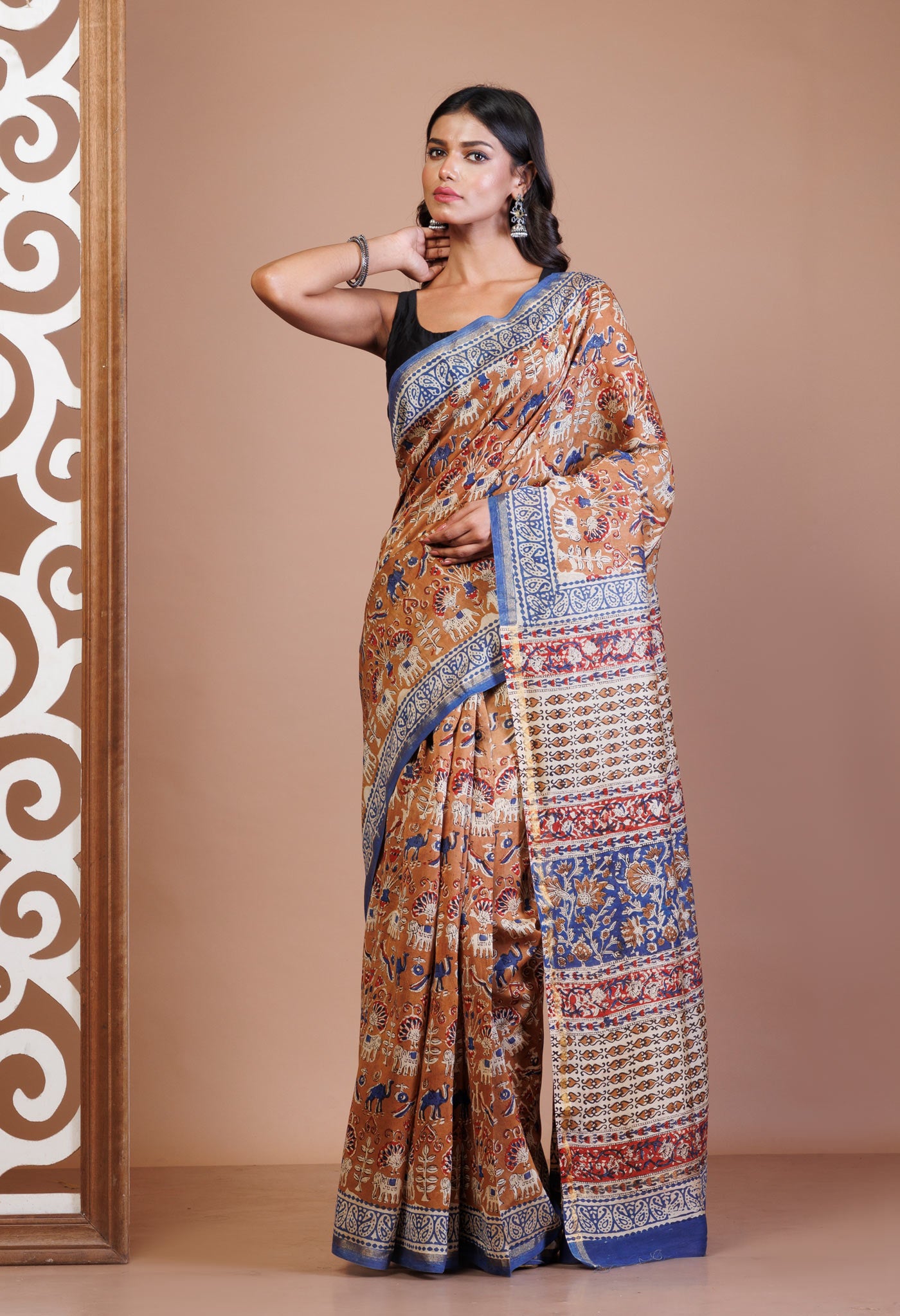 Brown Pure Bagru Printed Chanderi Sico Saree