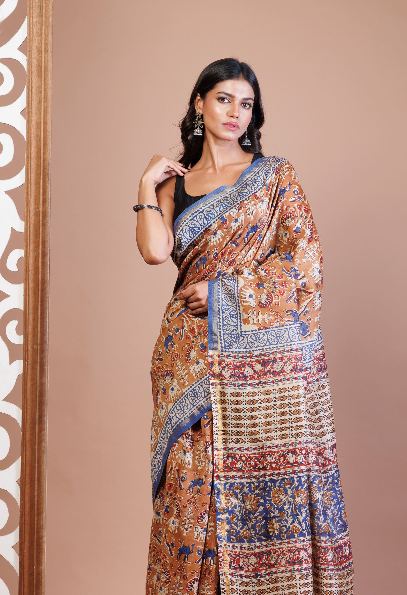 Brown Pure Bagru Printed Chanderi Sico Saree