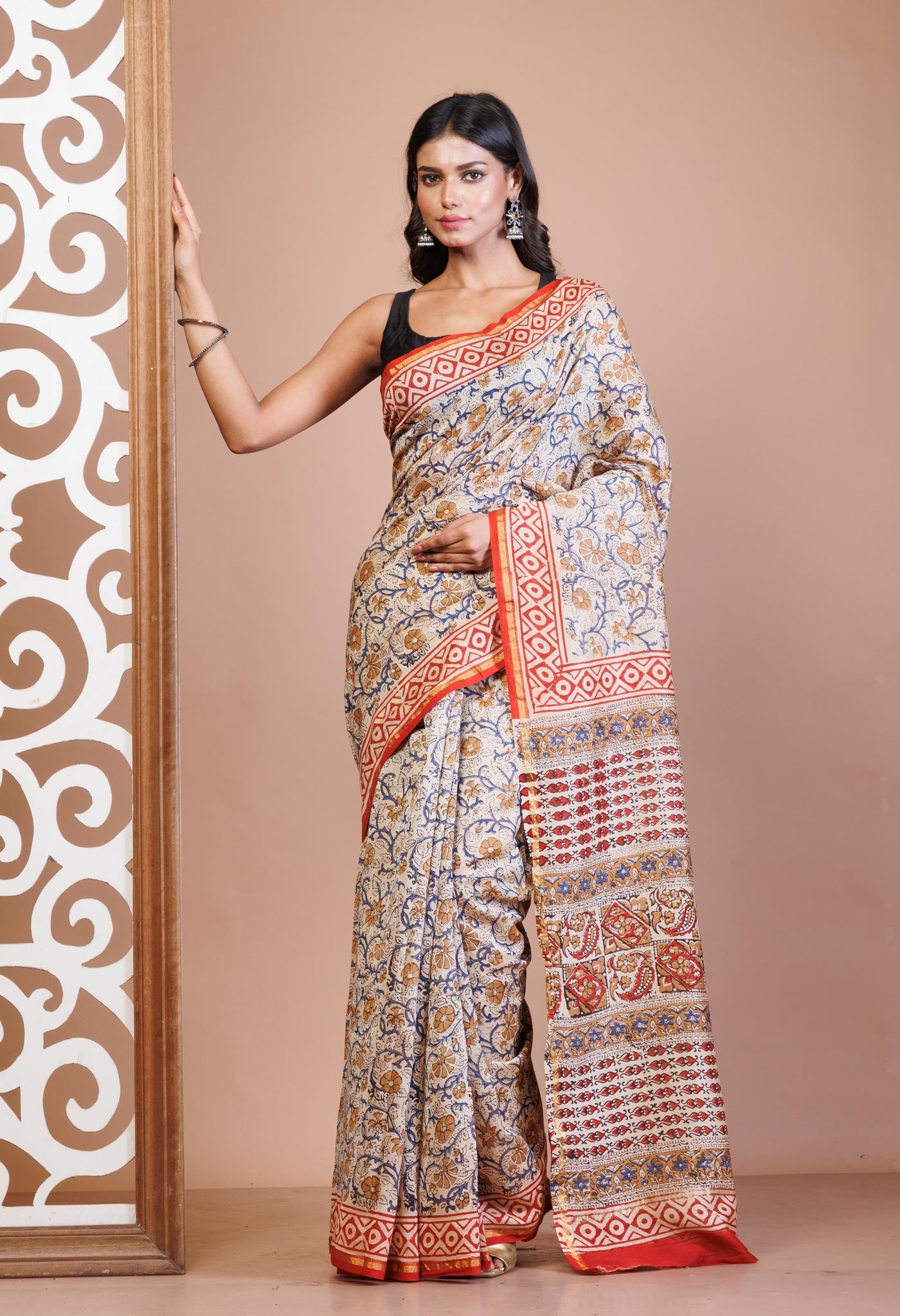 Cream Pure Bagru Printed Chanderi Sico Saree