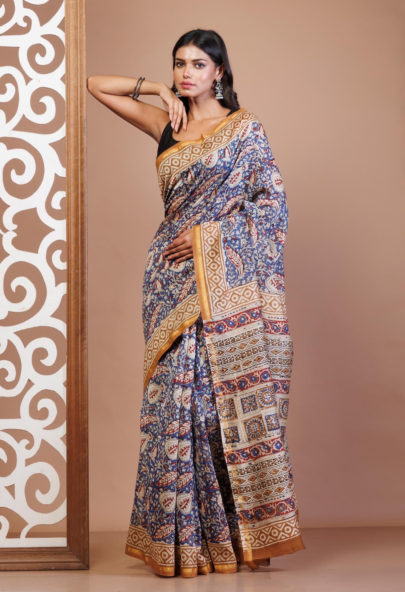 Blue Pure  Bagru Printed Chanderi Sico Saree