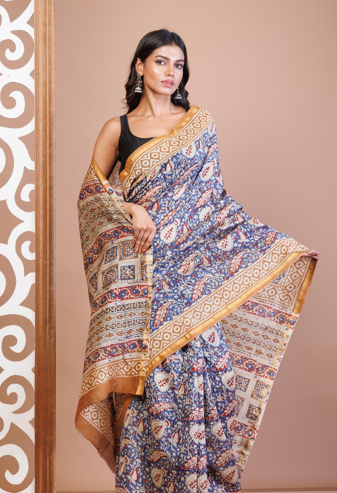 Blue Pure  Bagru Printed Chanderi Sico Saree