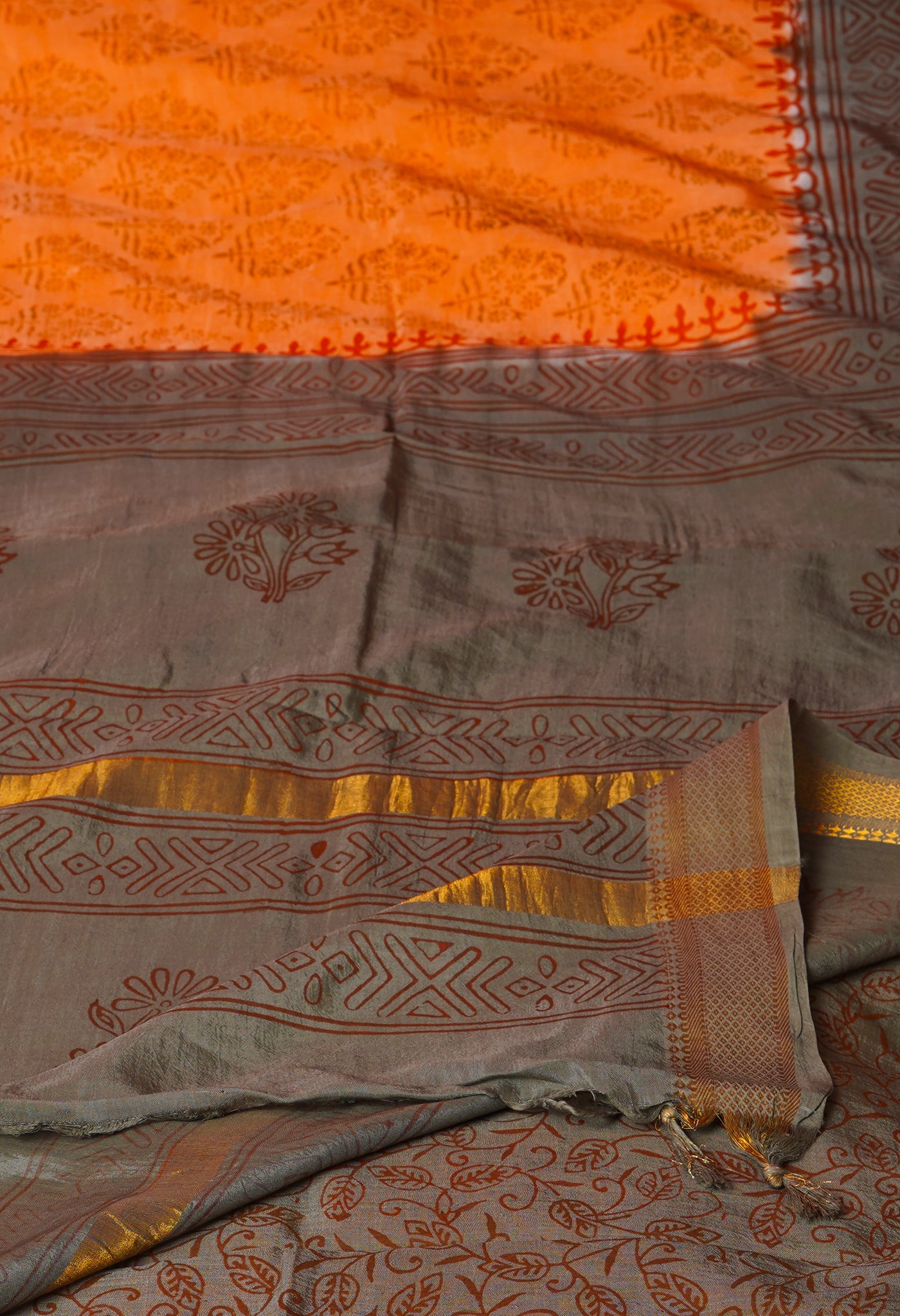 Orange  Hand Block Printed Mangalgiri Soft Silk Saree