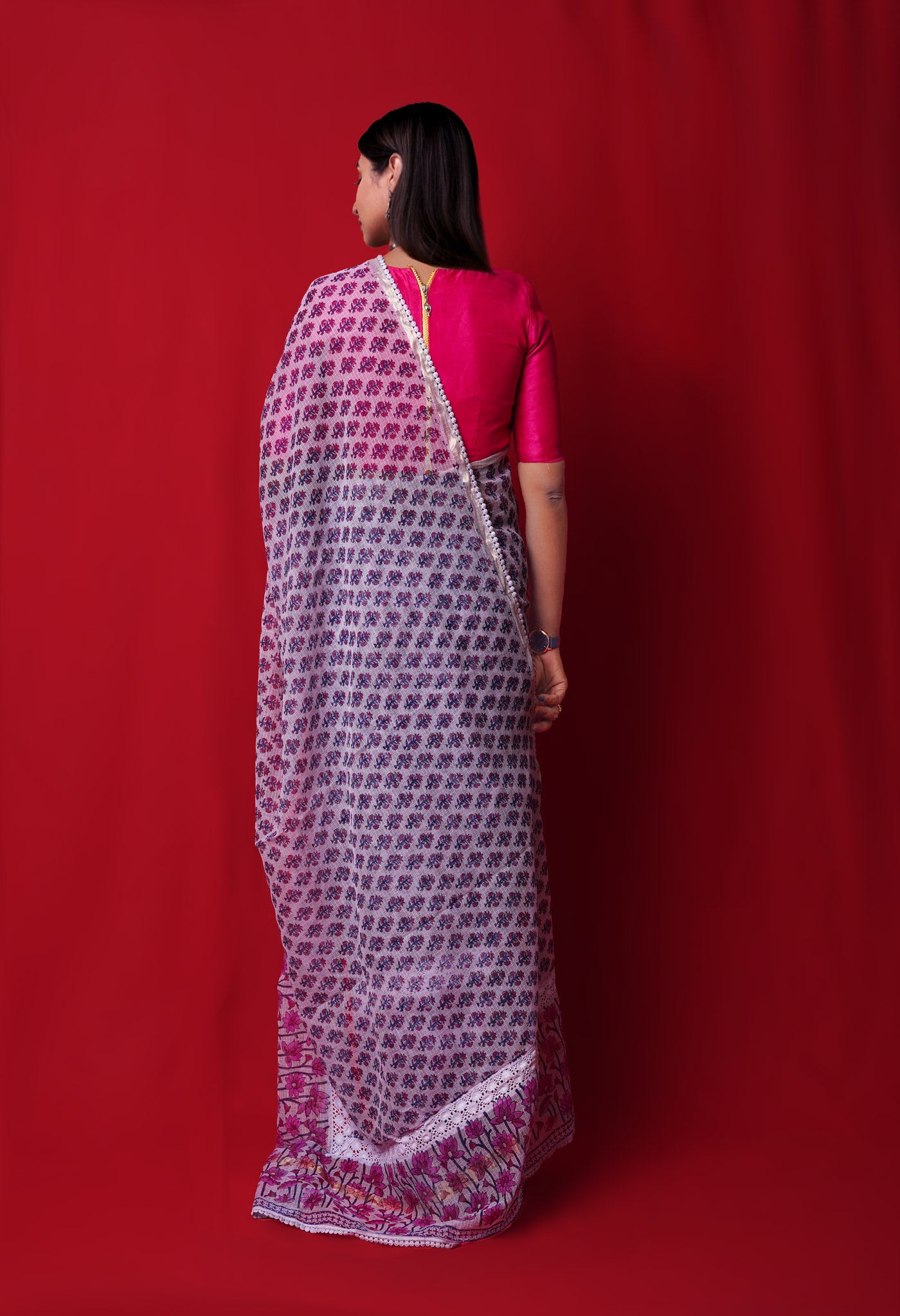 Grey Pure  Block Printed With Chrochio Lace Work Embroidery Kota Saree