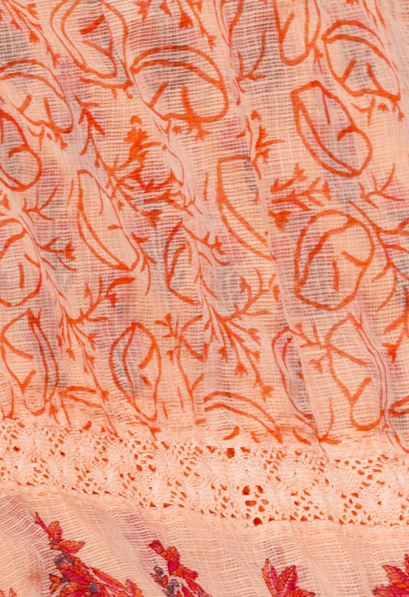 Orange Pure  Block Printed With Chrochio Lace Work Embroidery Kota Saree