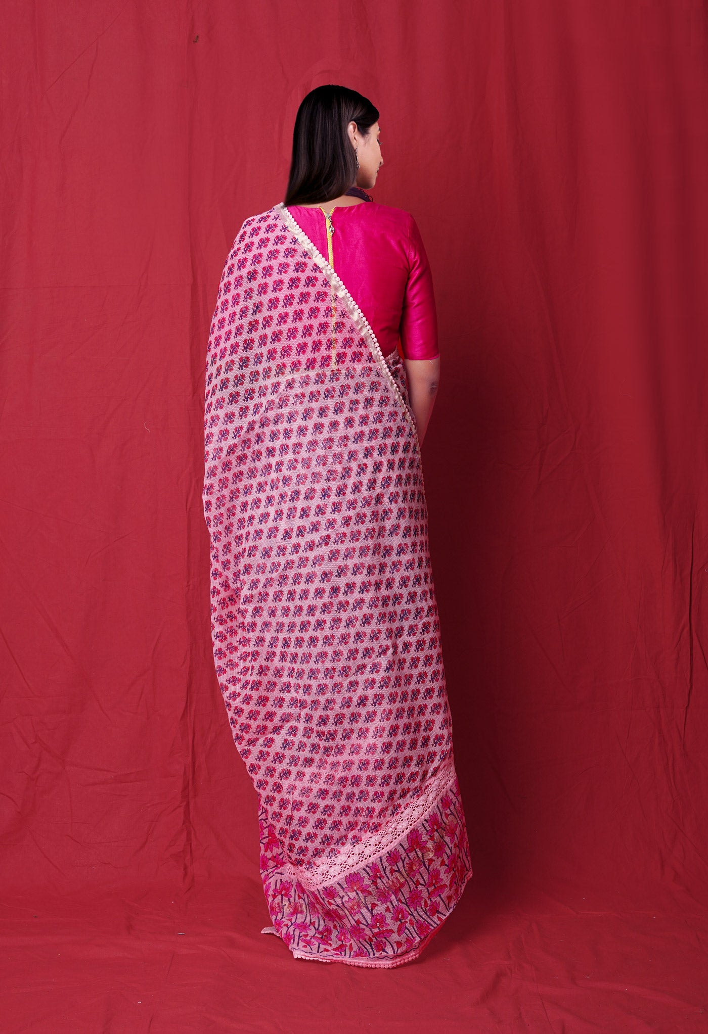 Pink Pure  Block Printed With Chrochio Lace Work Embroidery Kota Saree