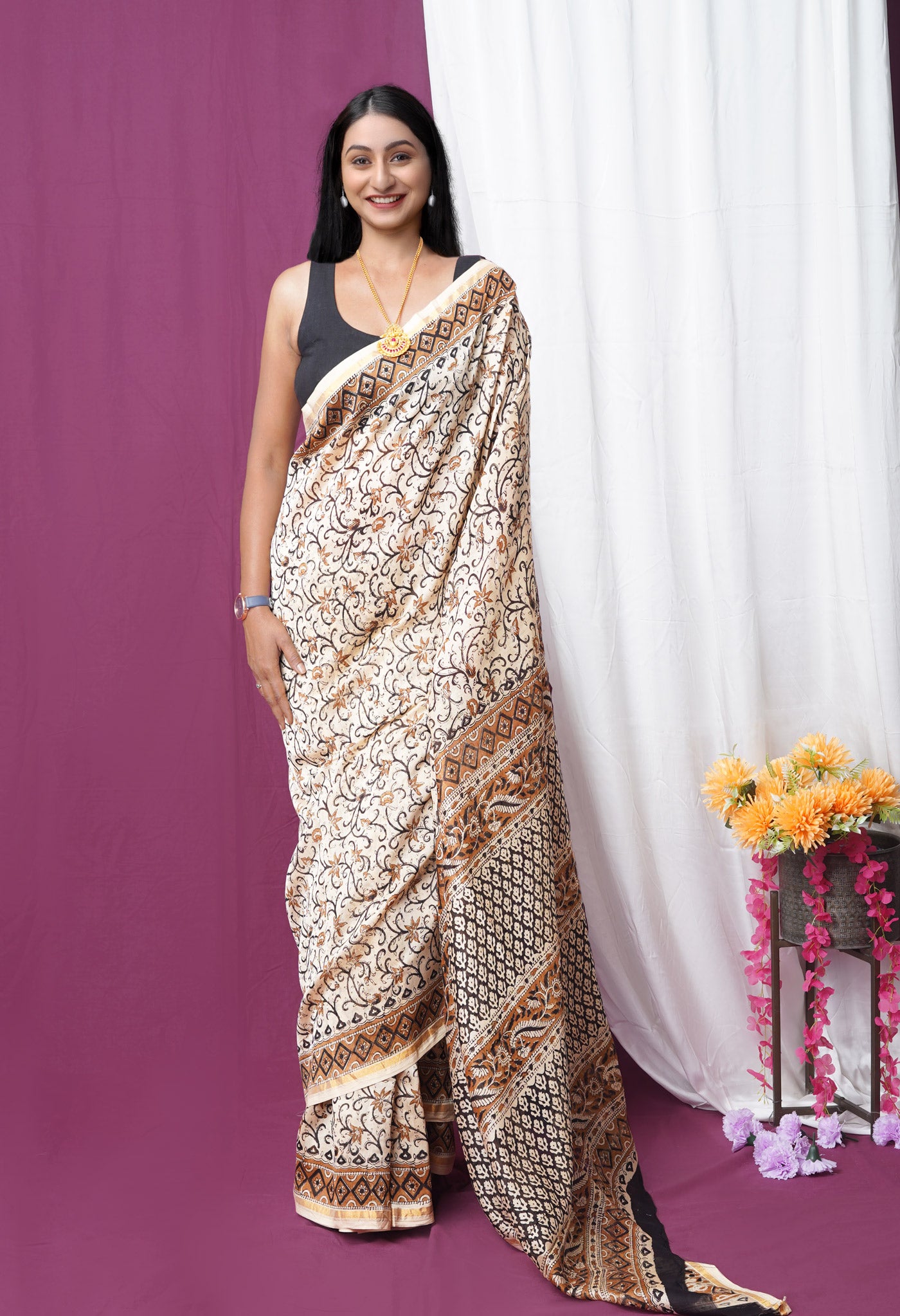 Cream Pure Bagru Kalamkari Printed Chanderi Sico Saree