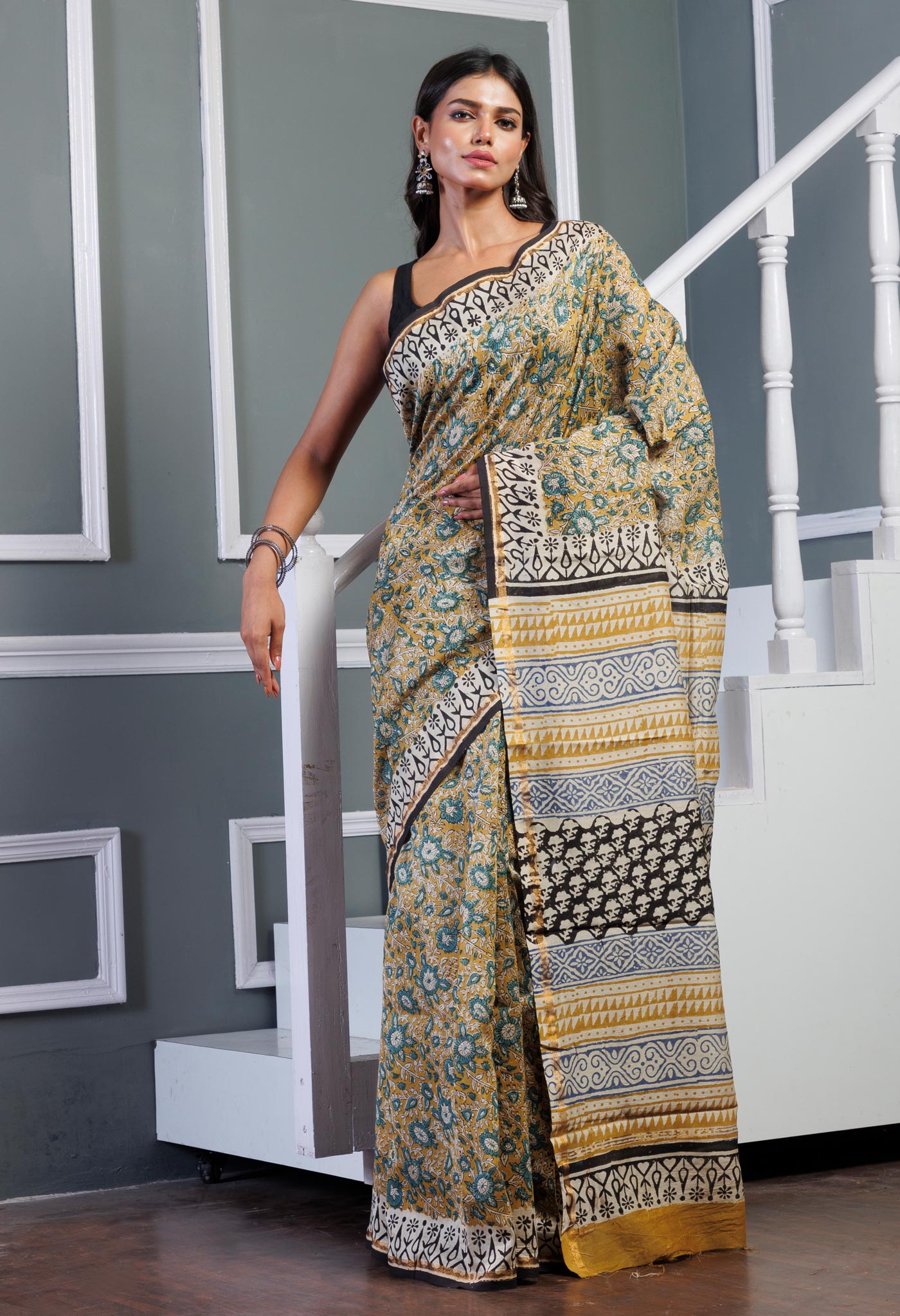 Yellow Pure Bagru Kalamkari Printed Chanderi Sico Saree