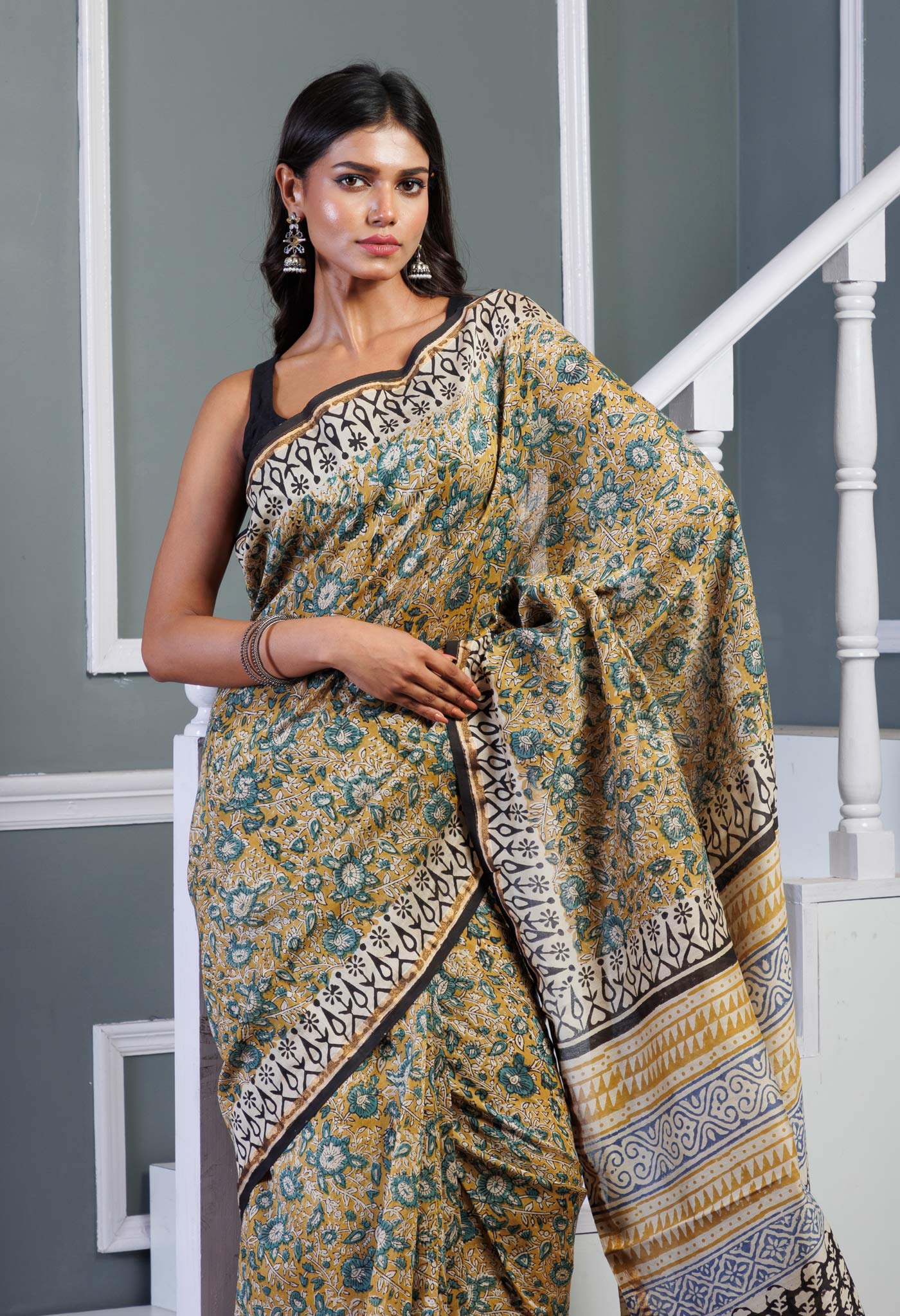 Yellow Pure Bagru Kalamkari Printed Chanderi Sico Saree