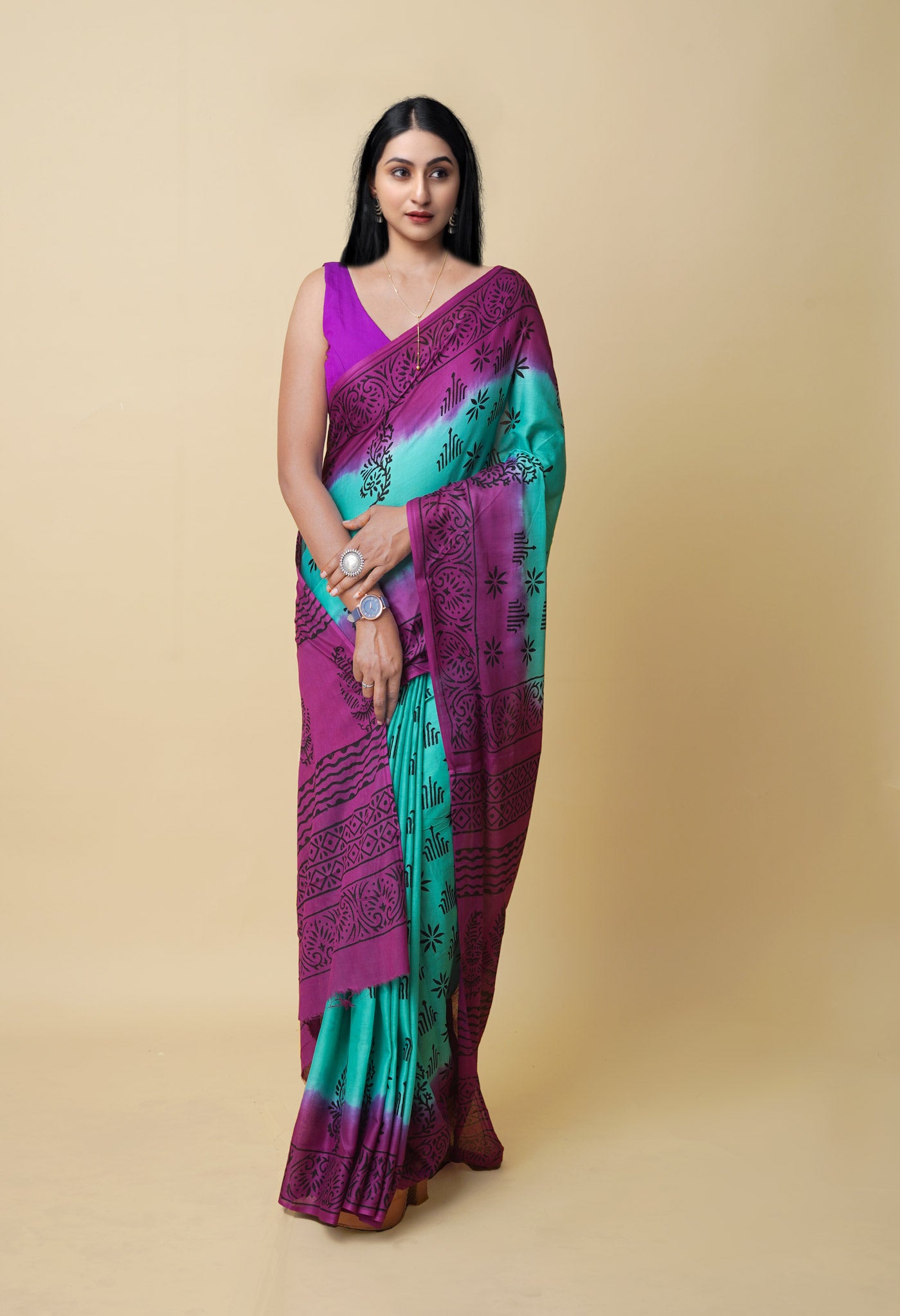 Turquoise Pure Dyed Hand Block Printed Soft Cotton Saree