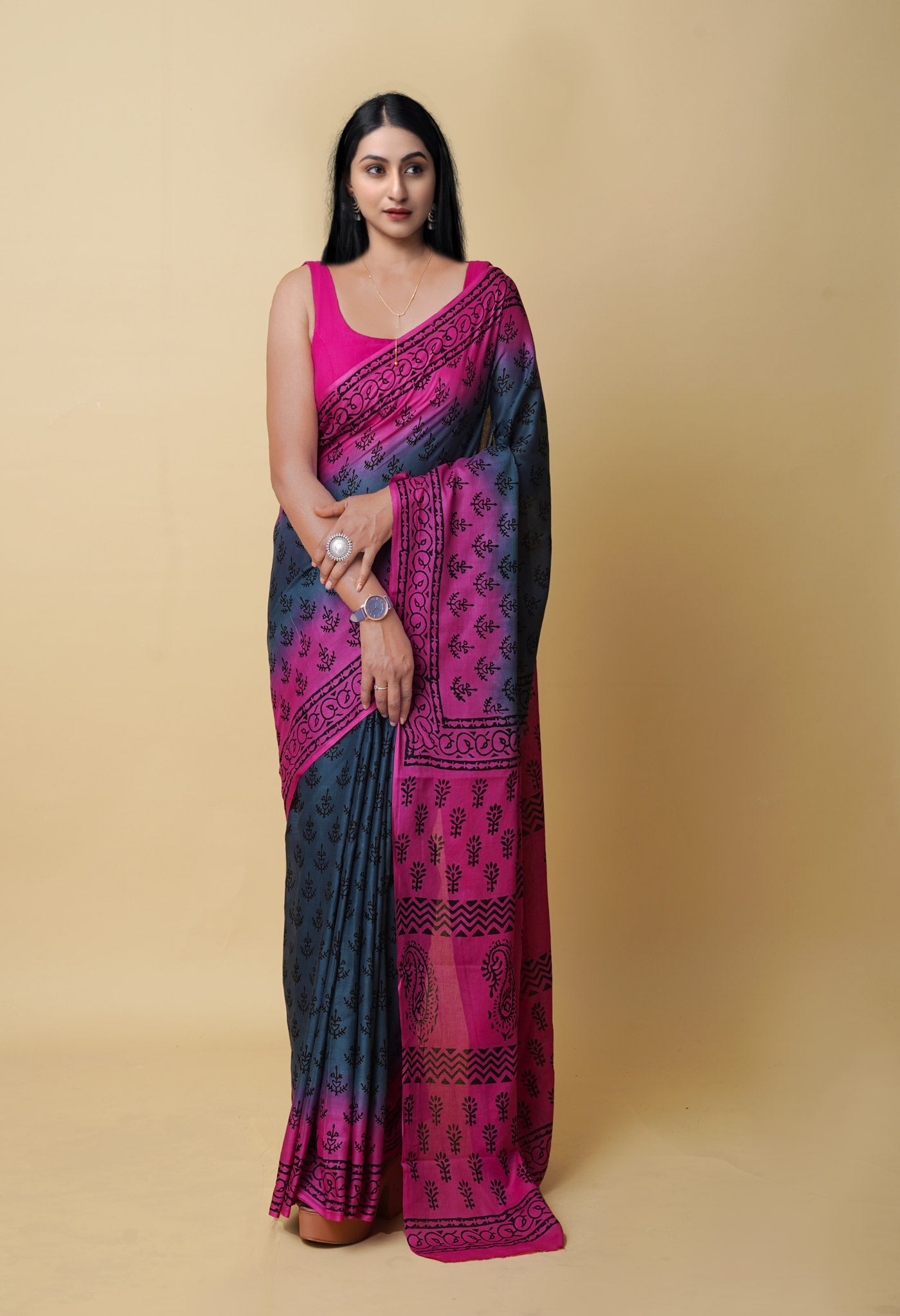 Grey Pure Dyed Hand Block Printed Soft Cotton Saree