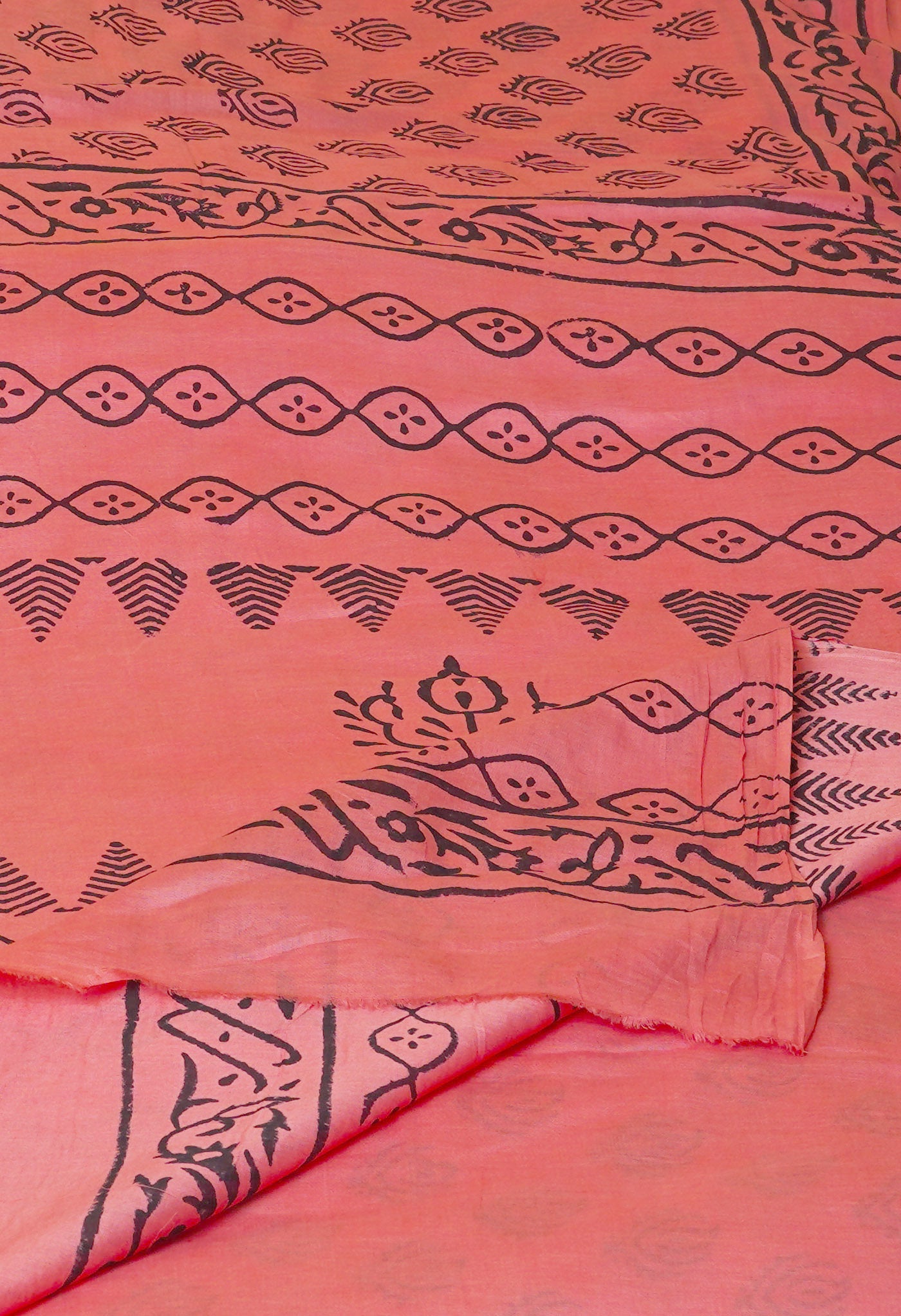 Peach Red Pure Dyed Hand Block Printed Soft Cotton Saree