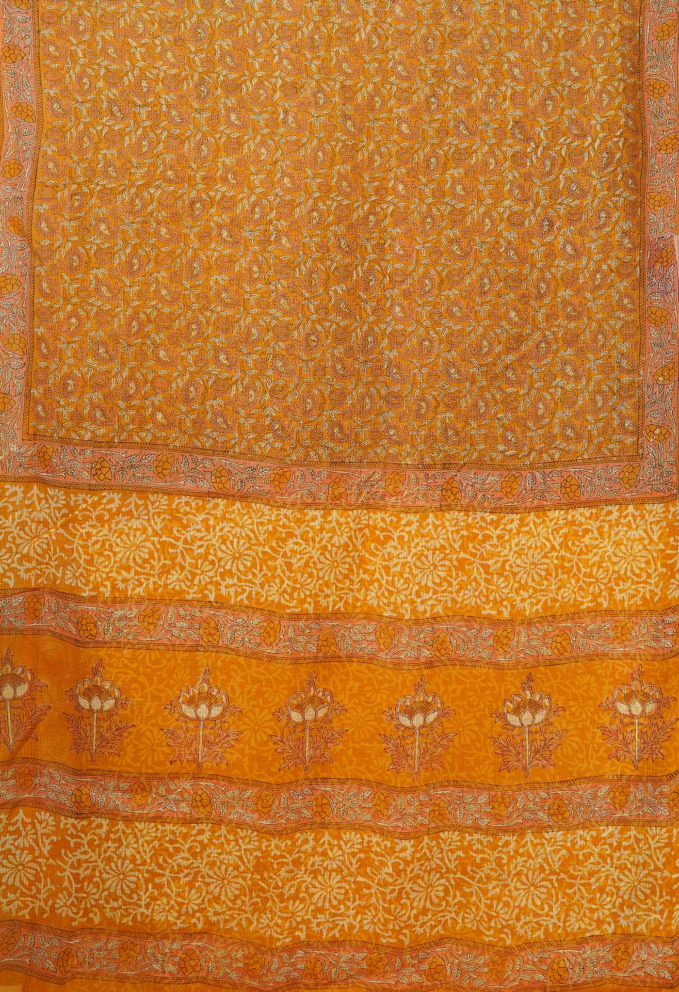 Yellow Pure Hand Block Printed Kota Saree