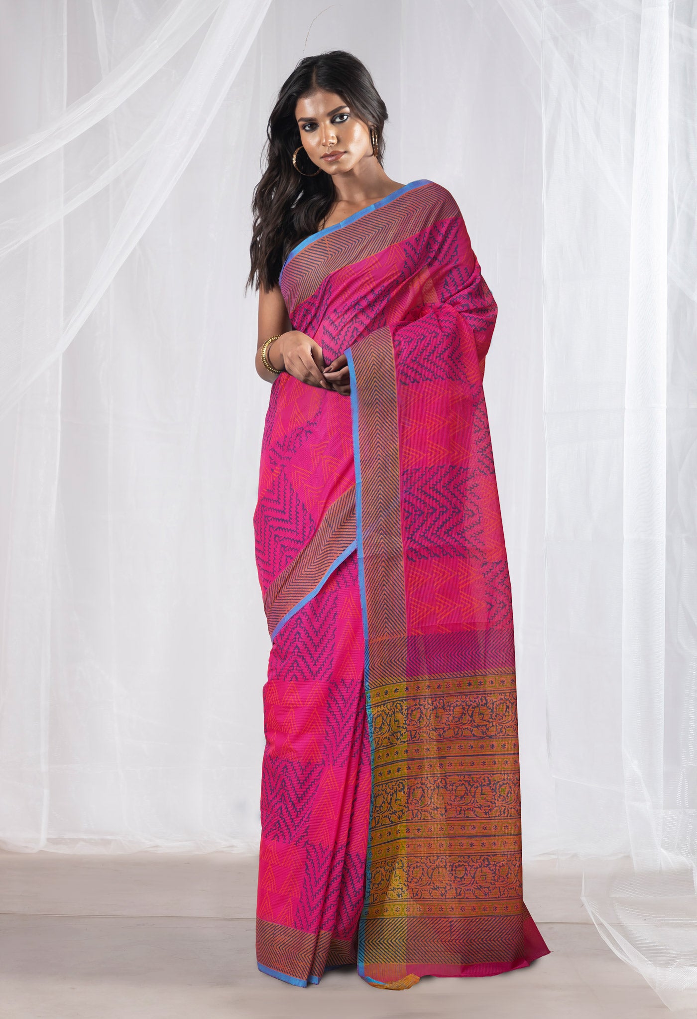 Pink Pure Hand Block Printed Mangalgiri Cotton Saree