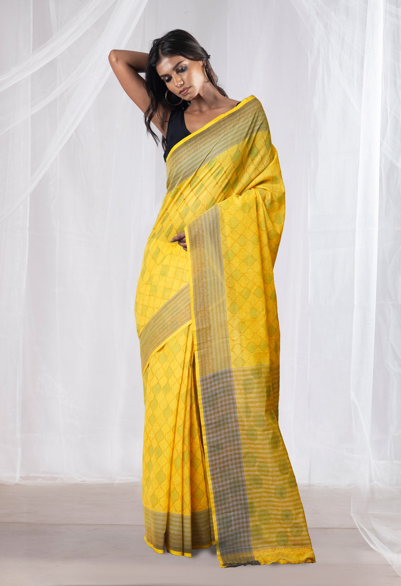 Yellow Pure Hand Block Printed Mangalgiri Cotton Saree