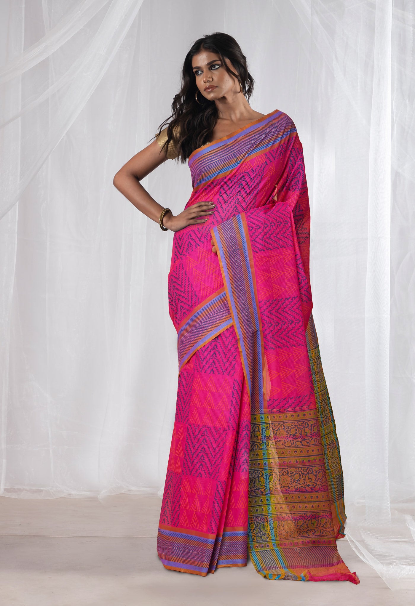 Pink Pure Hand Block Printed Mangalgiri Cotton Saree