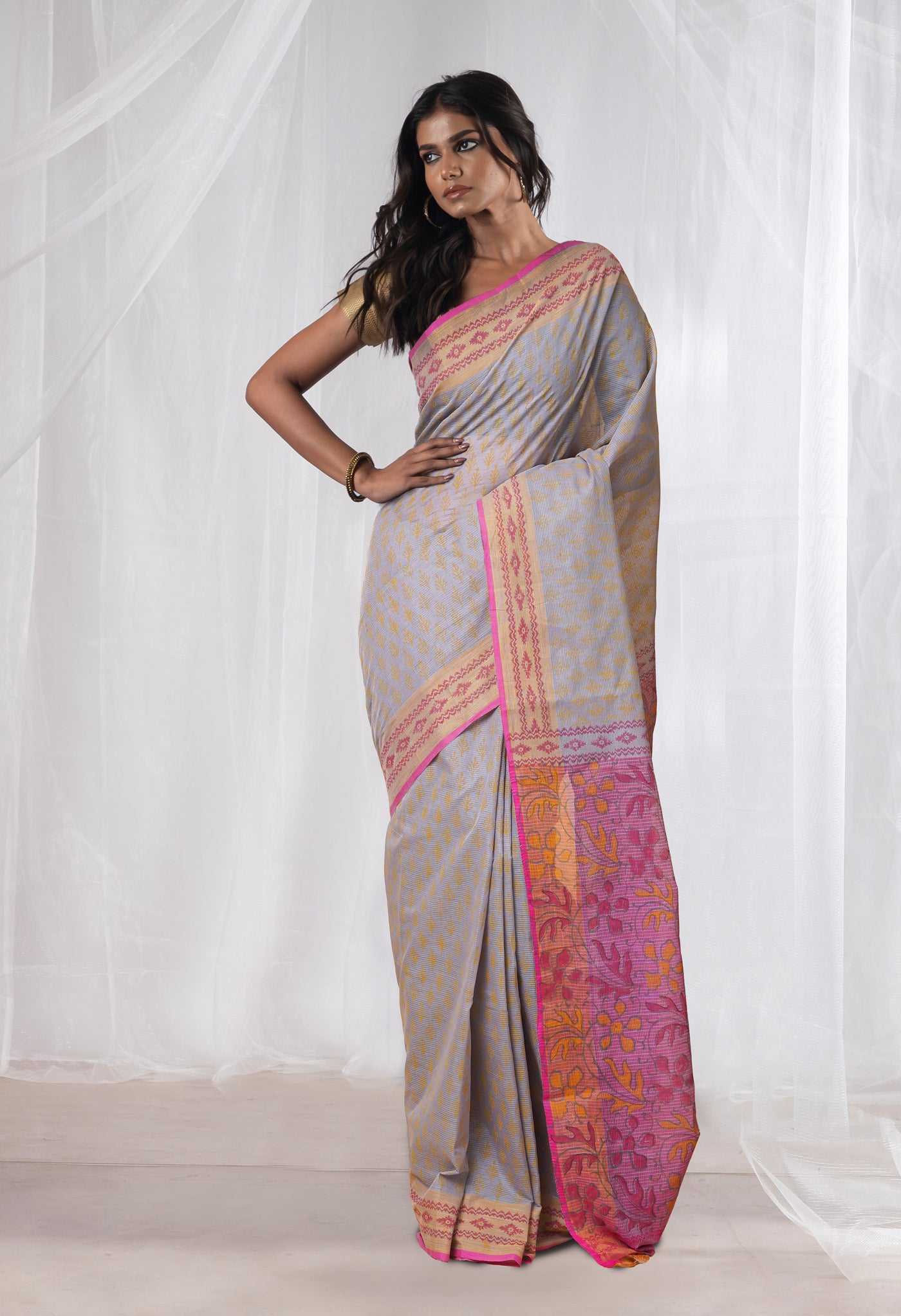 Grey Pure Hand Block Printed Mangalgiri Cotton Saree-UNM77986