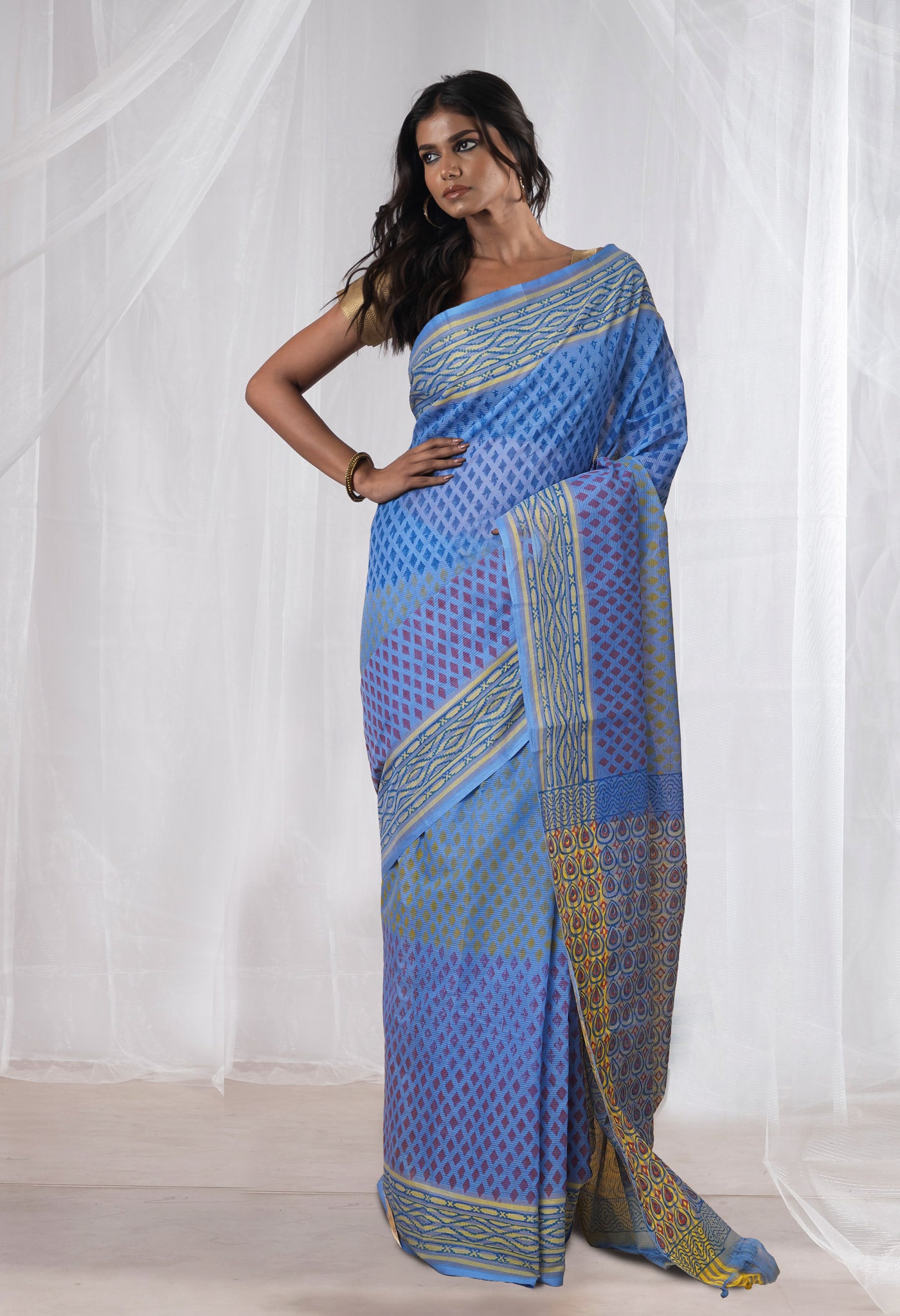 Blue Pure Hand Block Printed Mangalgiri Cotton Saree