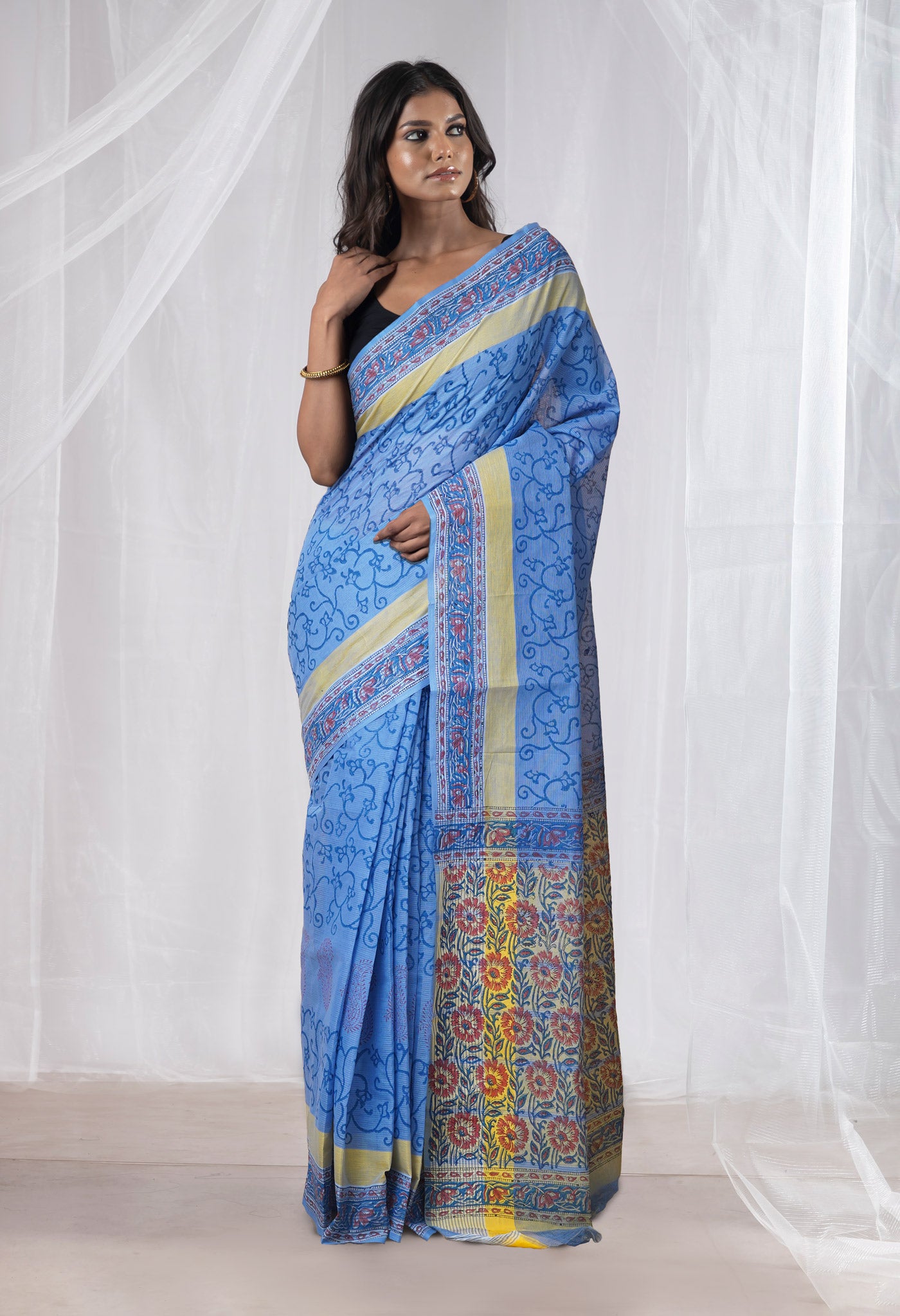Blue Pure Hand Block Printed Mangalgiri Cotton Saree-UNM77995