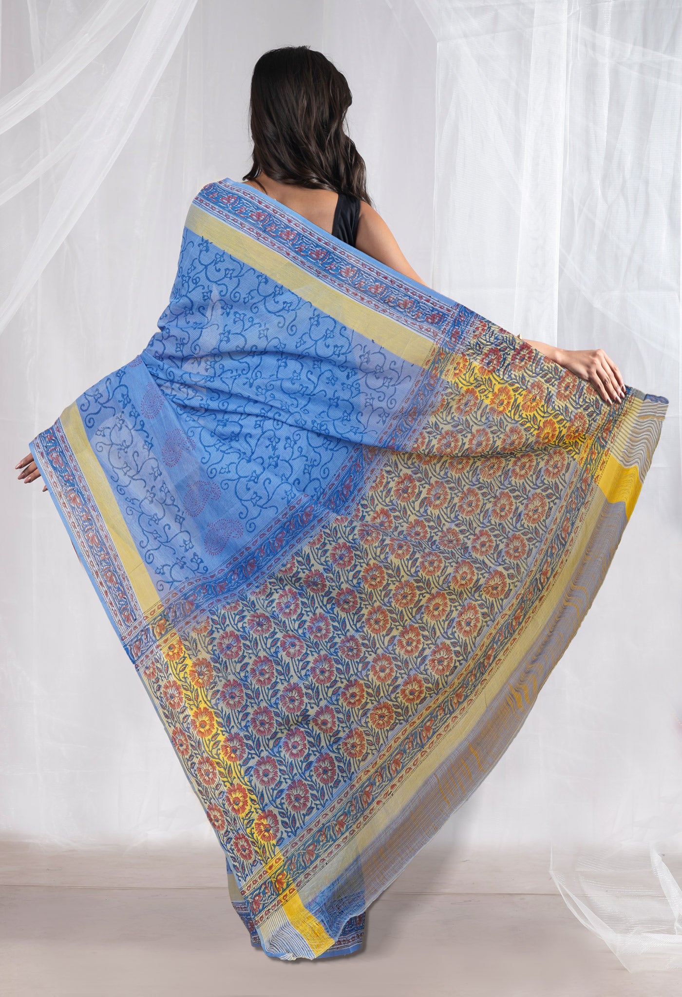 Blue Pure Hand Block Printed Mangalgiri Cotton Saree-UNM77995