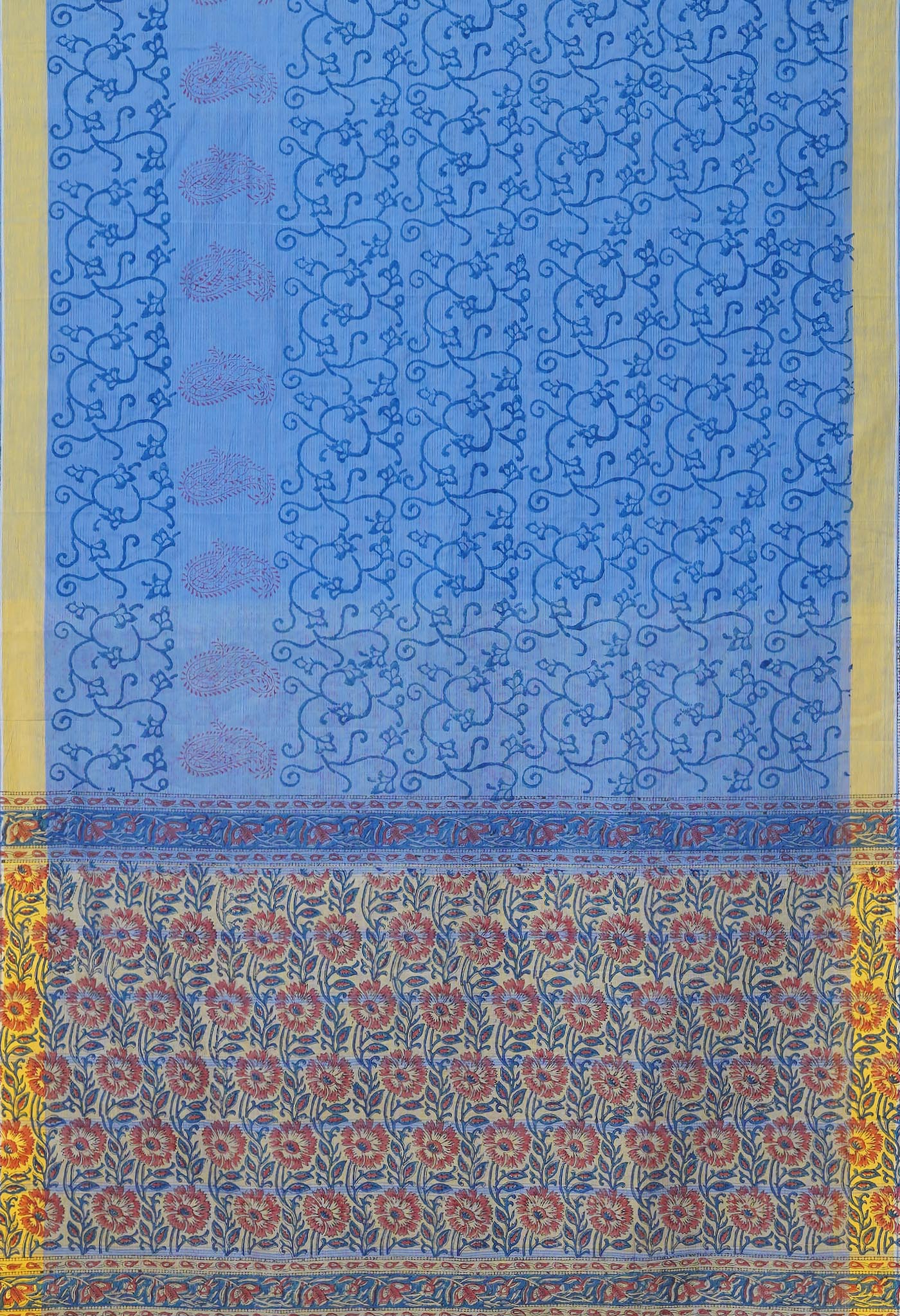 Blue Pure Hand Block Printed Mangalgiri Cotton Saree-UNM77995