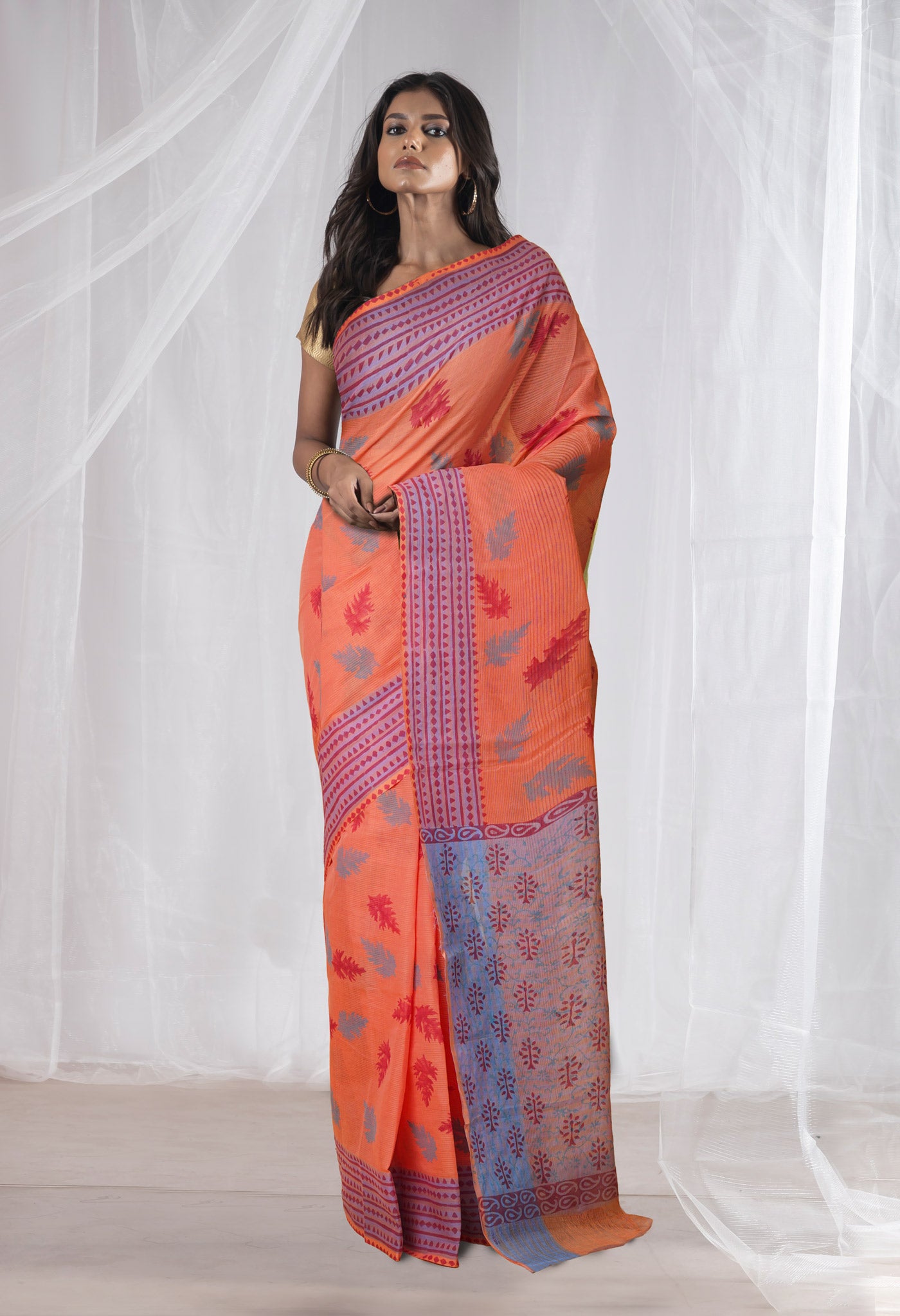 Orange Pure Hand Block Printed Mangalgiri Cotton Saree