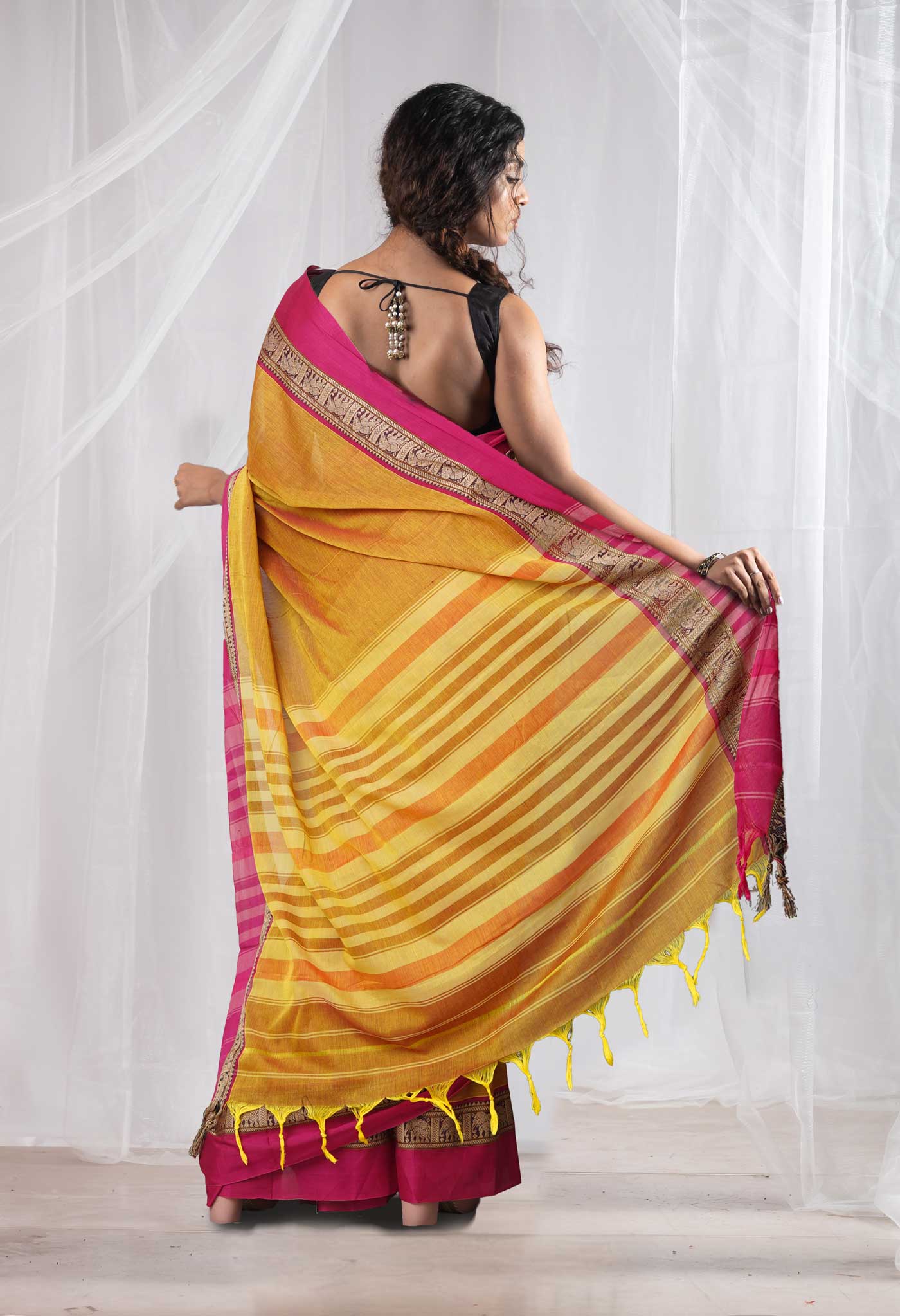 Yellow-Pink Pure Handloom Narayani Cotton Saree