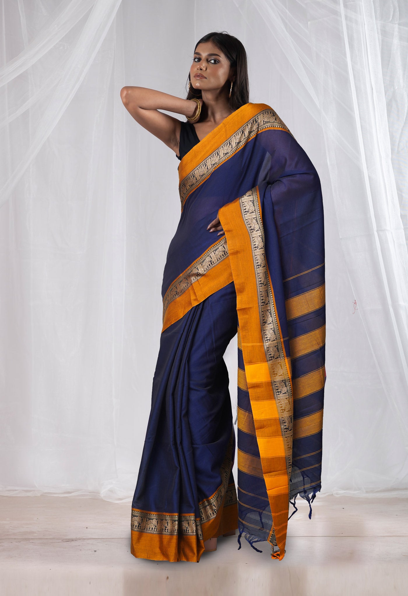 Navy Blue Pure Handloom Narayani Cotton Saree-UNM78371
