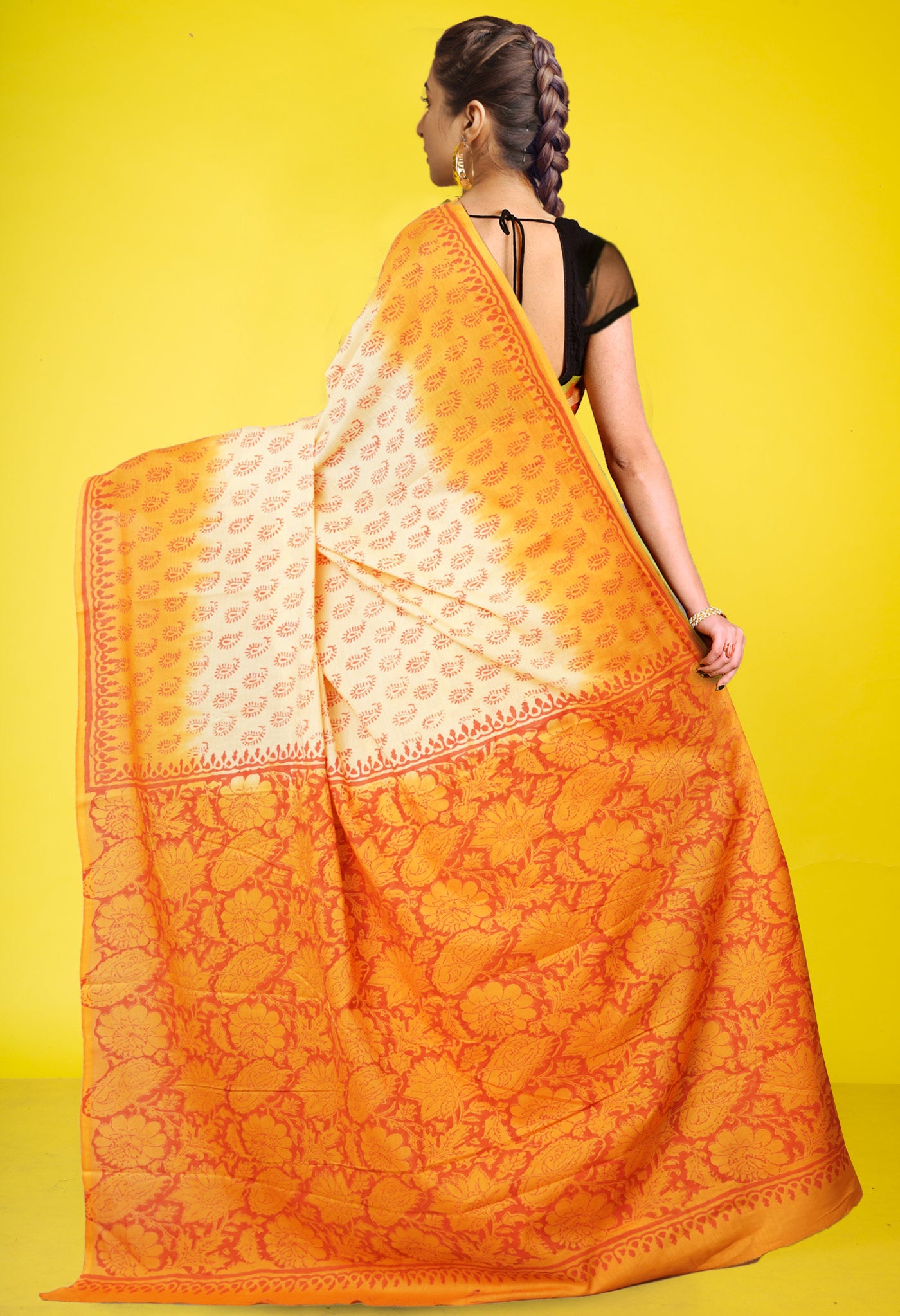 Yellow-Orange Pure Block Printed Soft Cotton Saree-UNM78986
