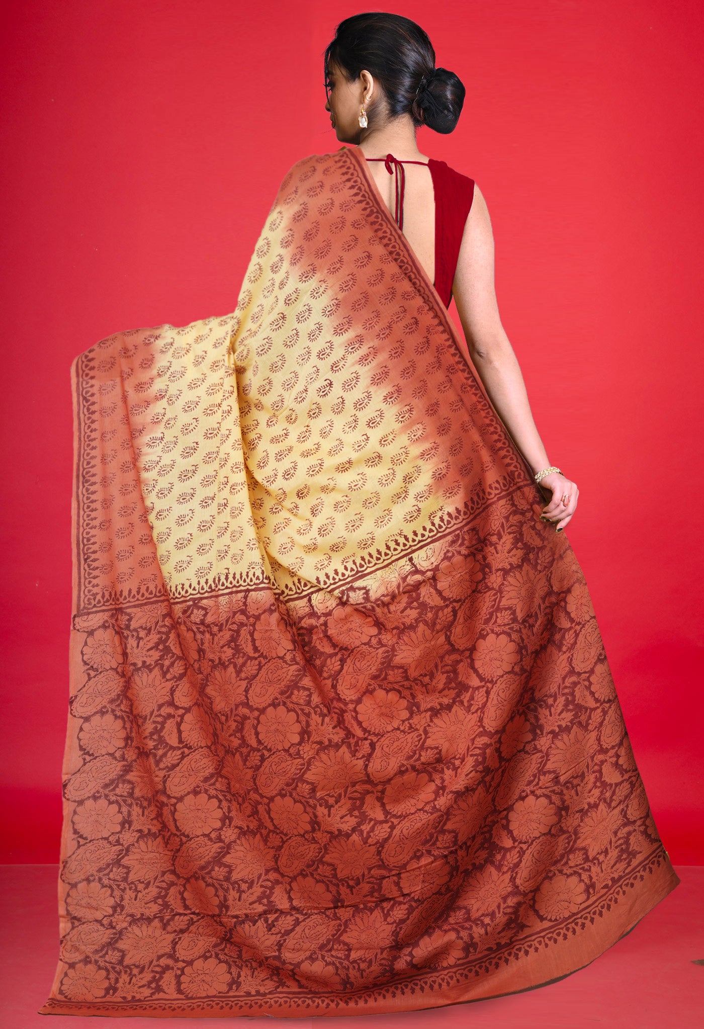 Yellow-Brown Pure Block Printed Soft Cotton Saree-UNM78989