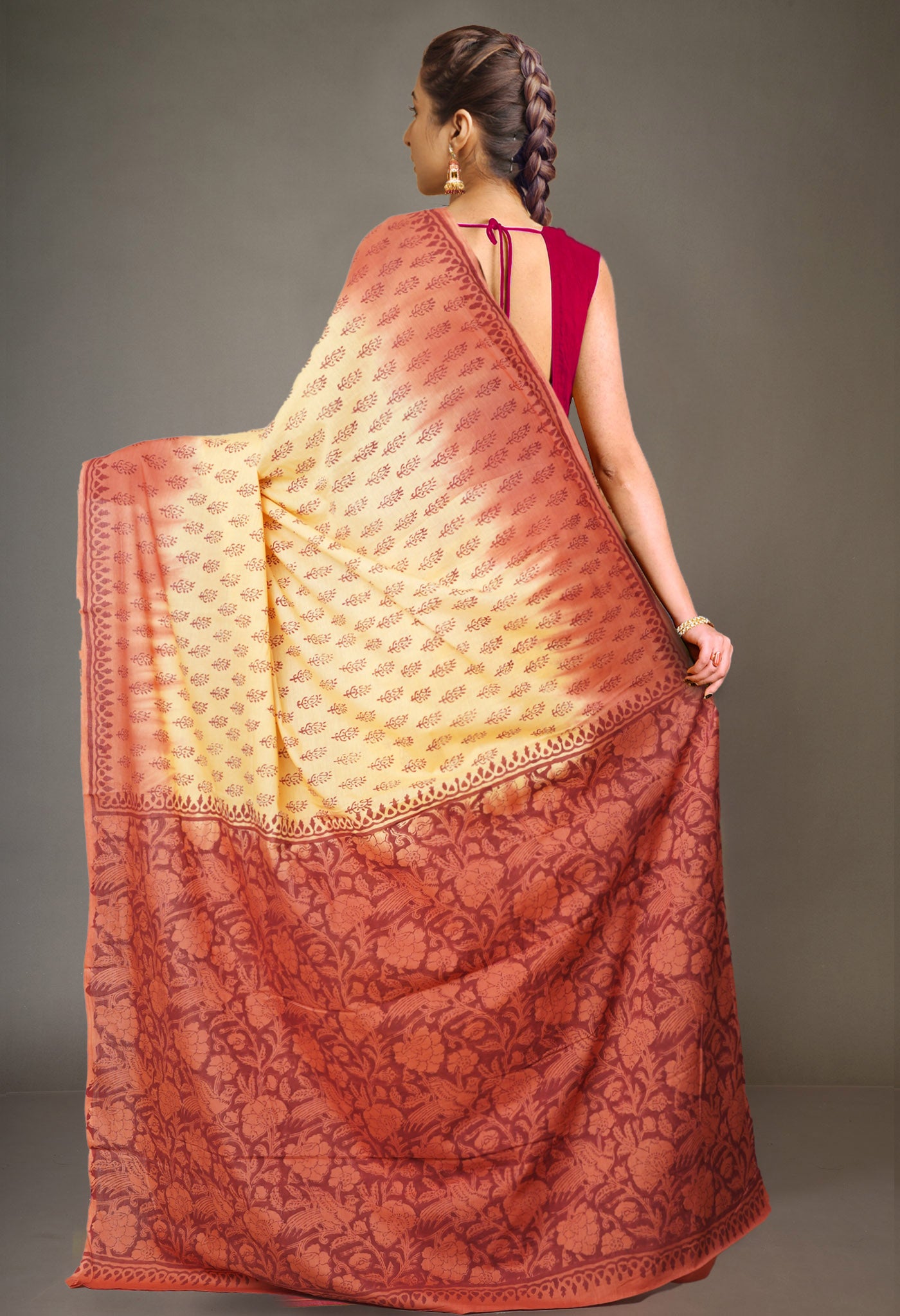 Yellow-Brown Pure Block Printed Soft Cotton Saree-UNM79000