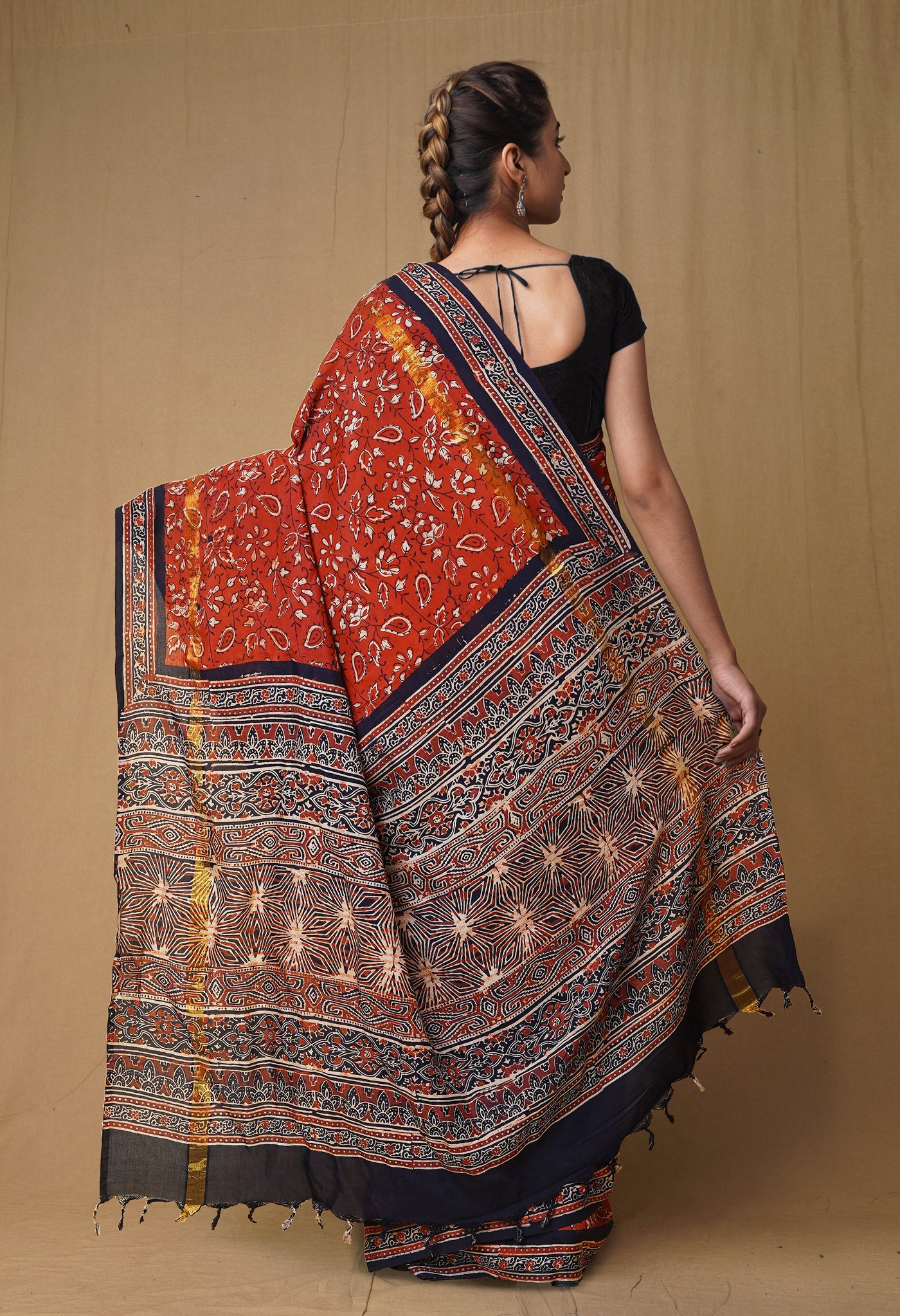 Red Pure Ajrakh Printed Soft Silk Saree-UNM79644