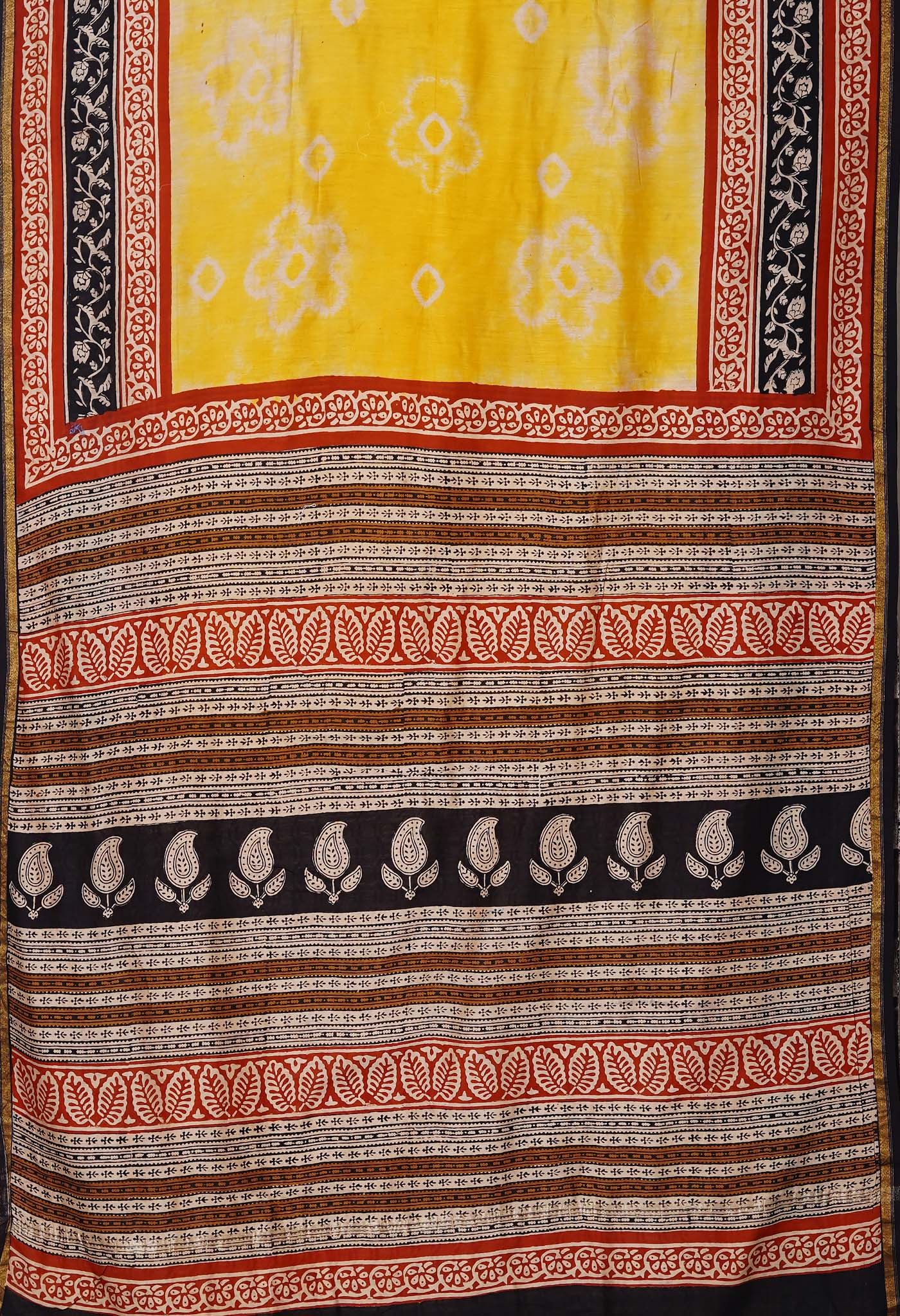 Yellow Pure Shibori Bagru Block Printed Chanderi Sico Saree-UNM79788