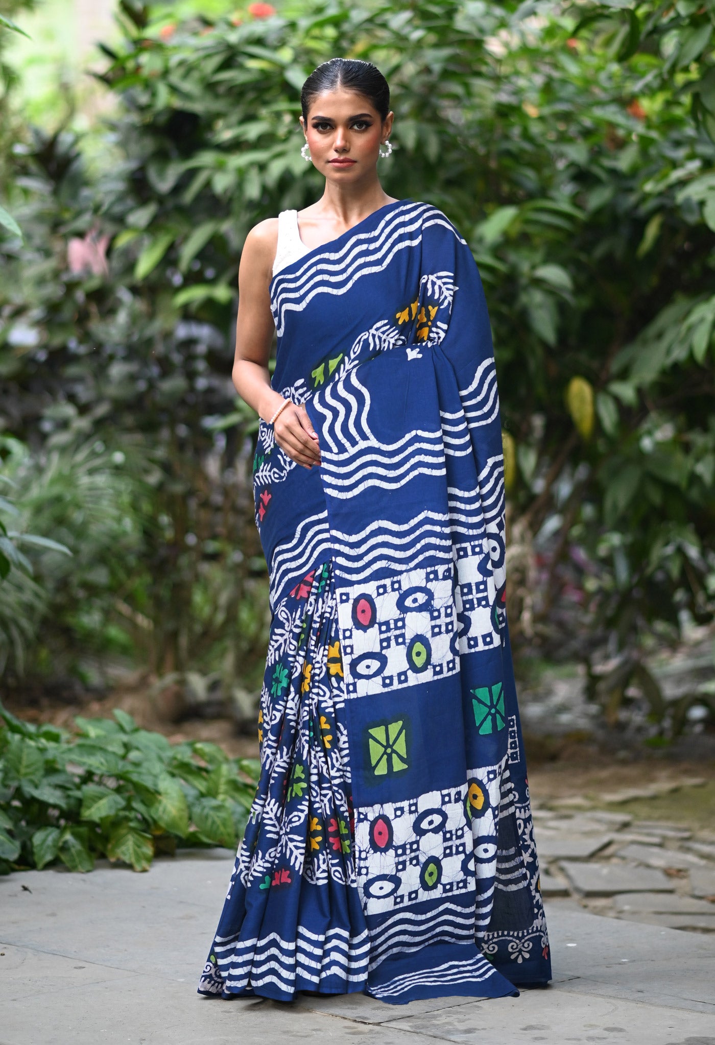 Navy Blue Pure  Wax Batik Printed Soft Cotton Saree-UNM80551
