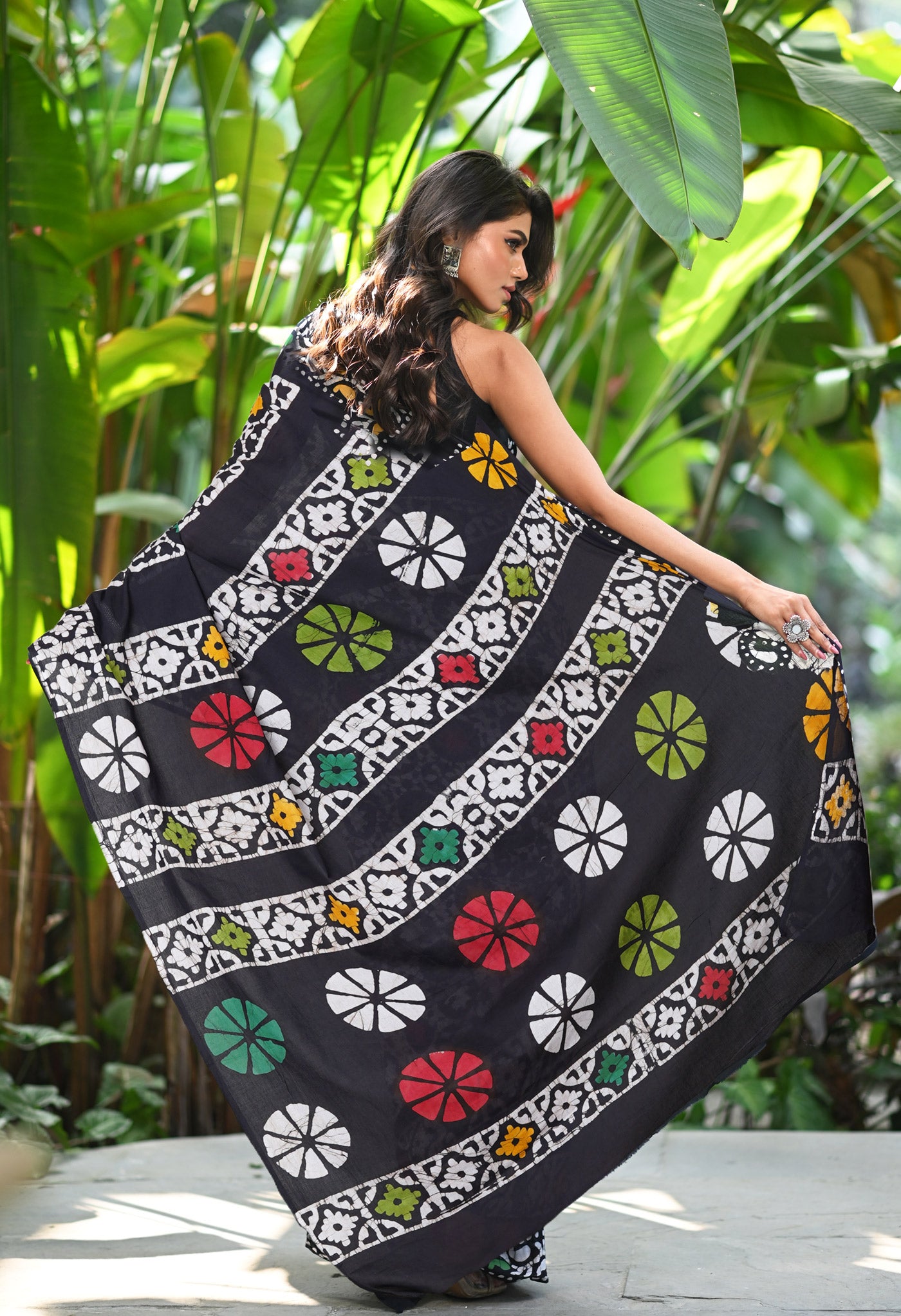 Black Pure  Wax Batik Printed Soft Cotton Saree-UNM80553