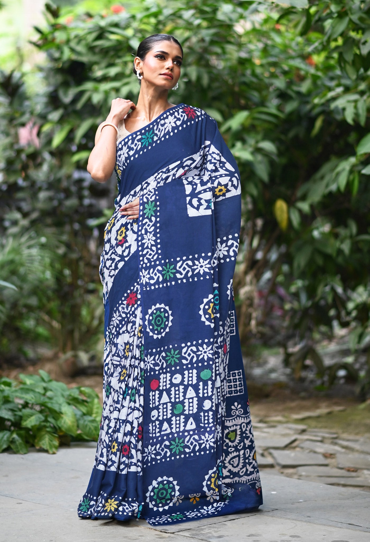 Navy Blue Pure  Wax Batik Printed Soft Cotton Saree-UNM80554