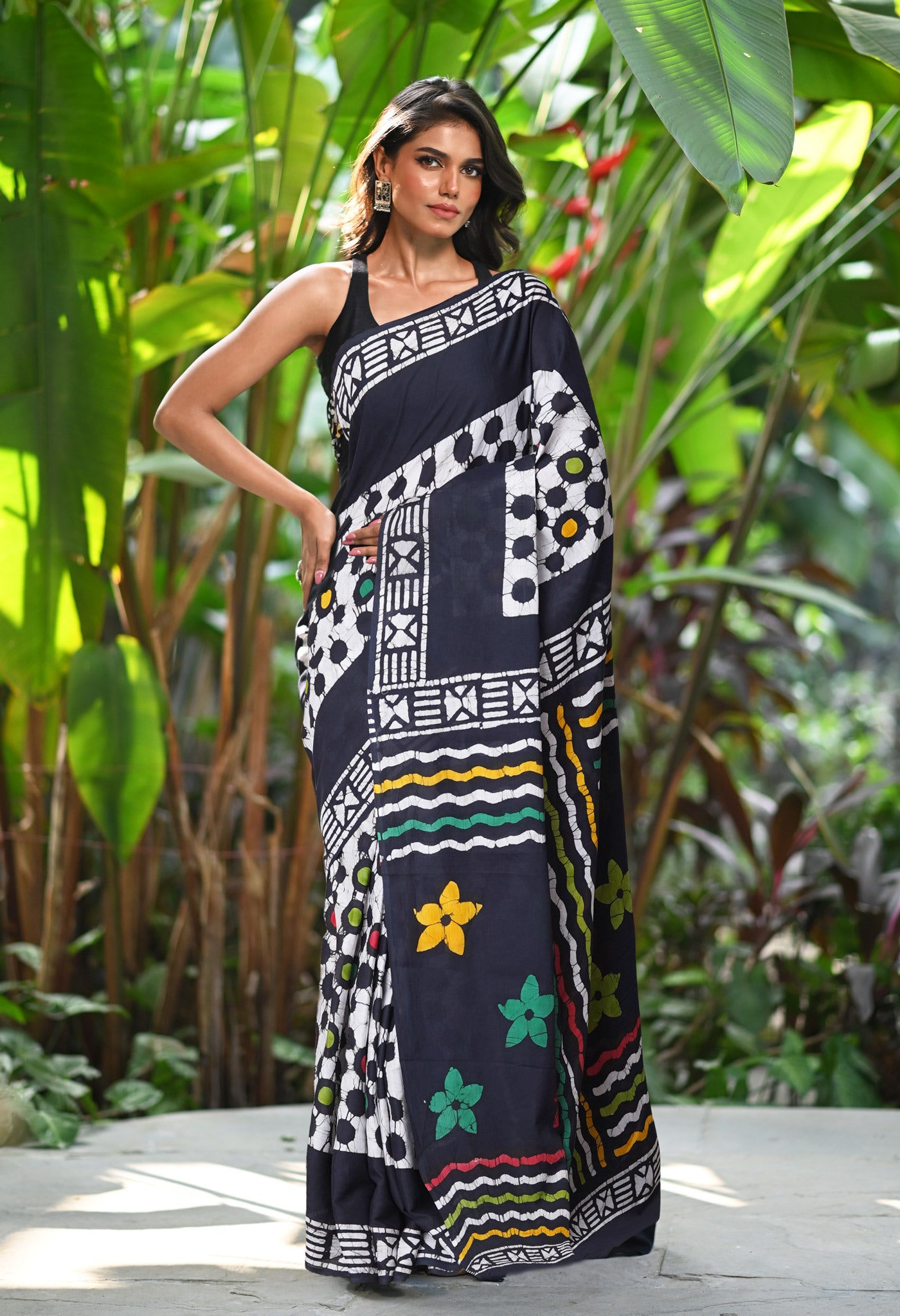 Black Pure  Wax Batik Printed Soft Cotton Saree-UNM80555