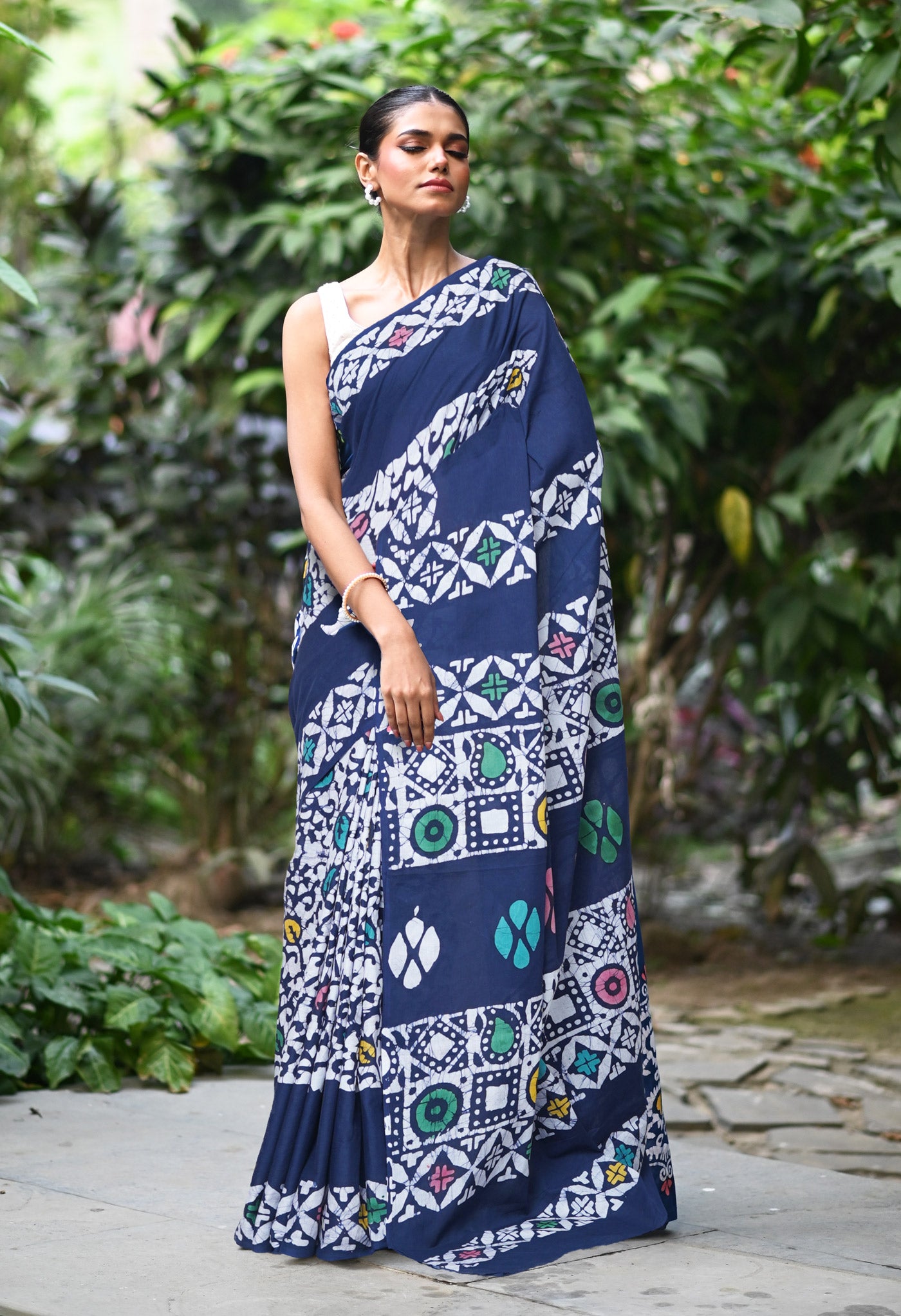 Navy Blue Pure  Wax Batik Printed Soft Cotton Saree-UNM80556