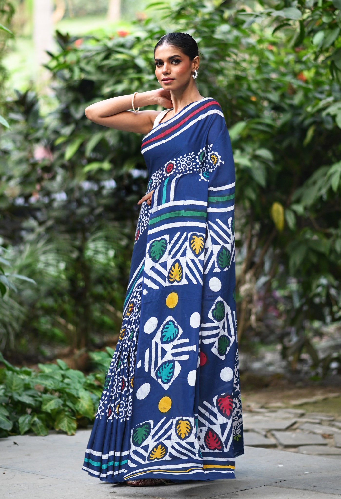 Navy Blue Pure  Wax Batik Printed Soft Cotton Saree-UNM80561
