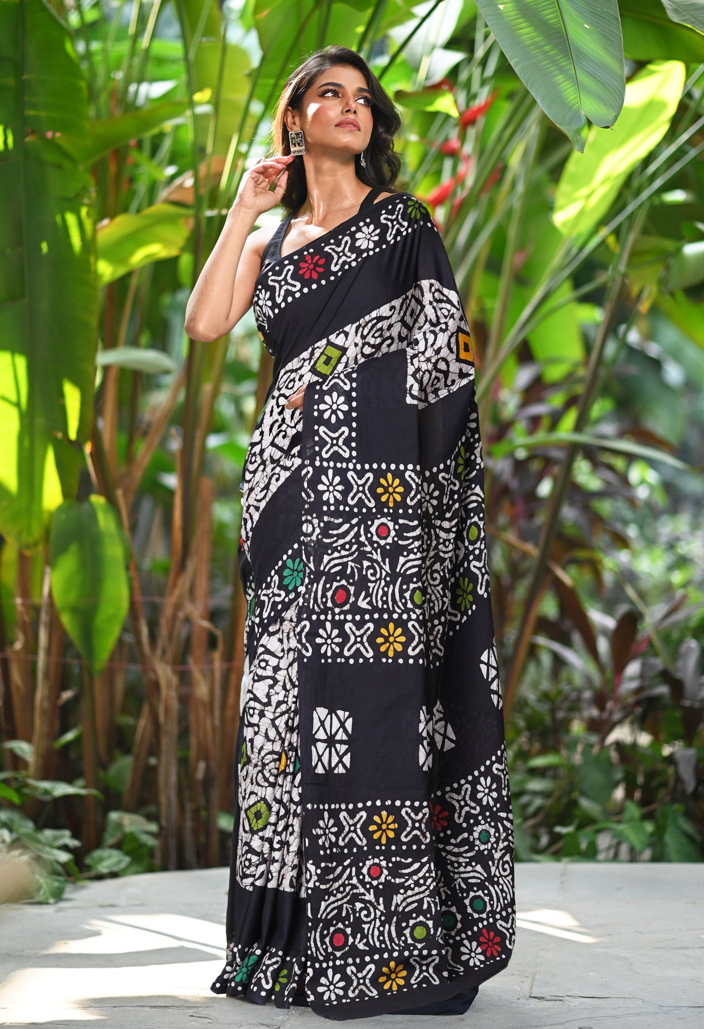 Black Pure  Wax Batik Printed Soft Cotton Saree-UNM80562